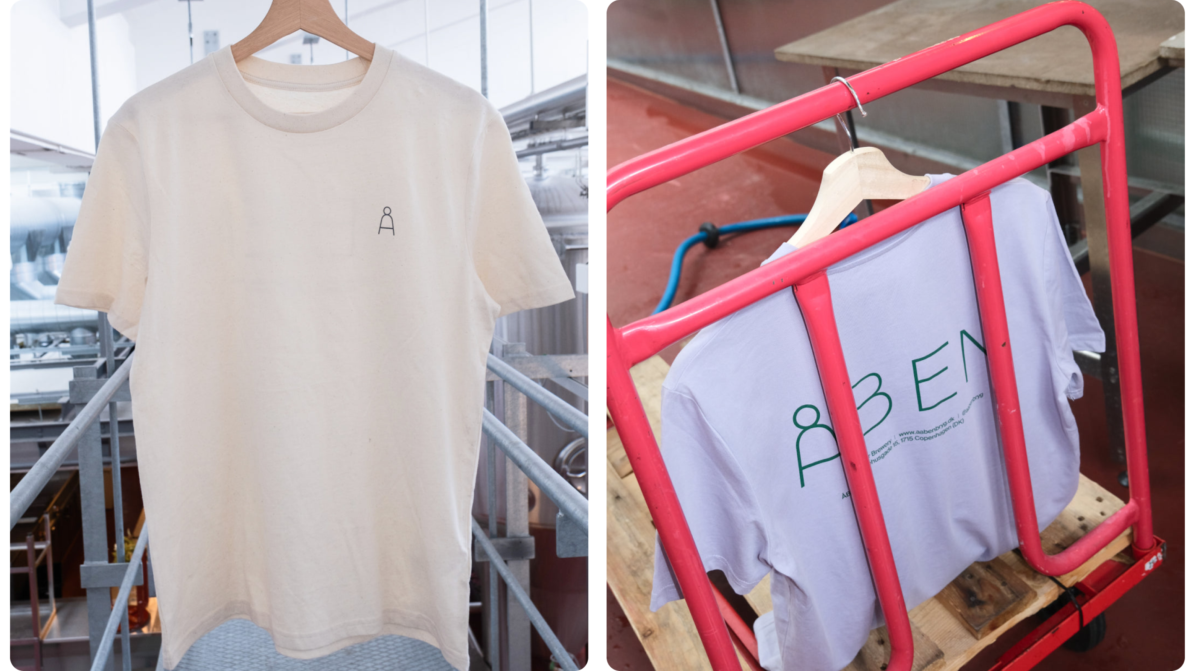 Åben T-Shirts mit minimalem Logo, einmal hängend, einmal auf Transportwagen