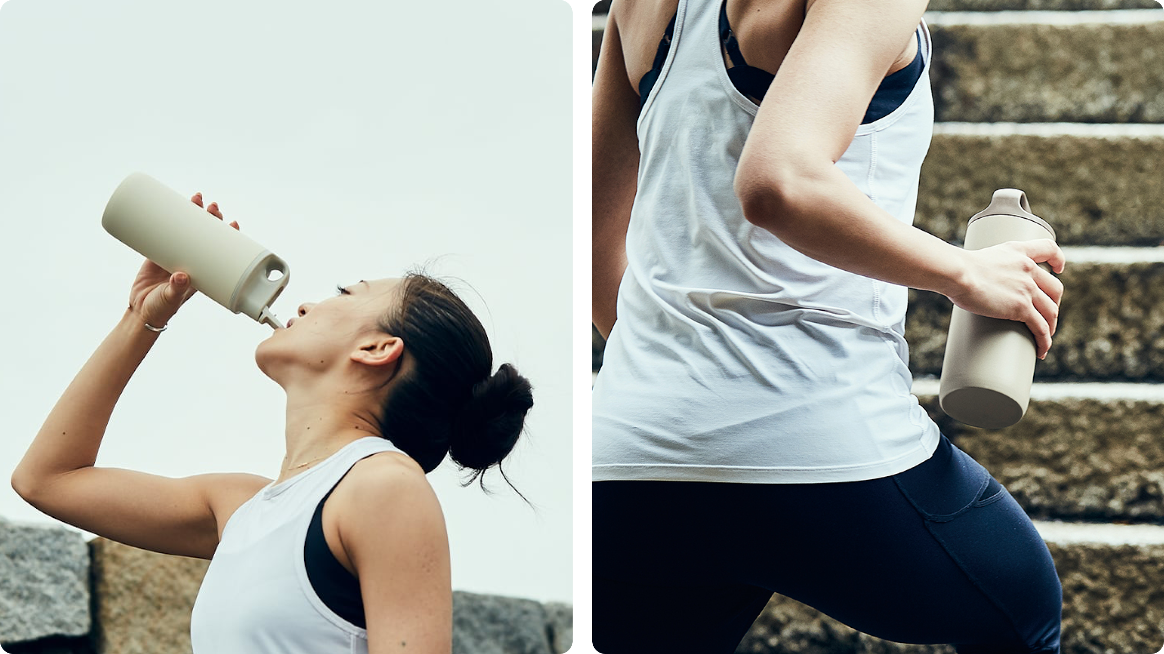 Person holding a KINTO bottle while running up steps, wearing light workout clothing