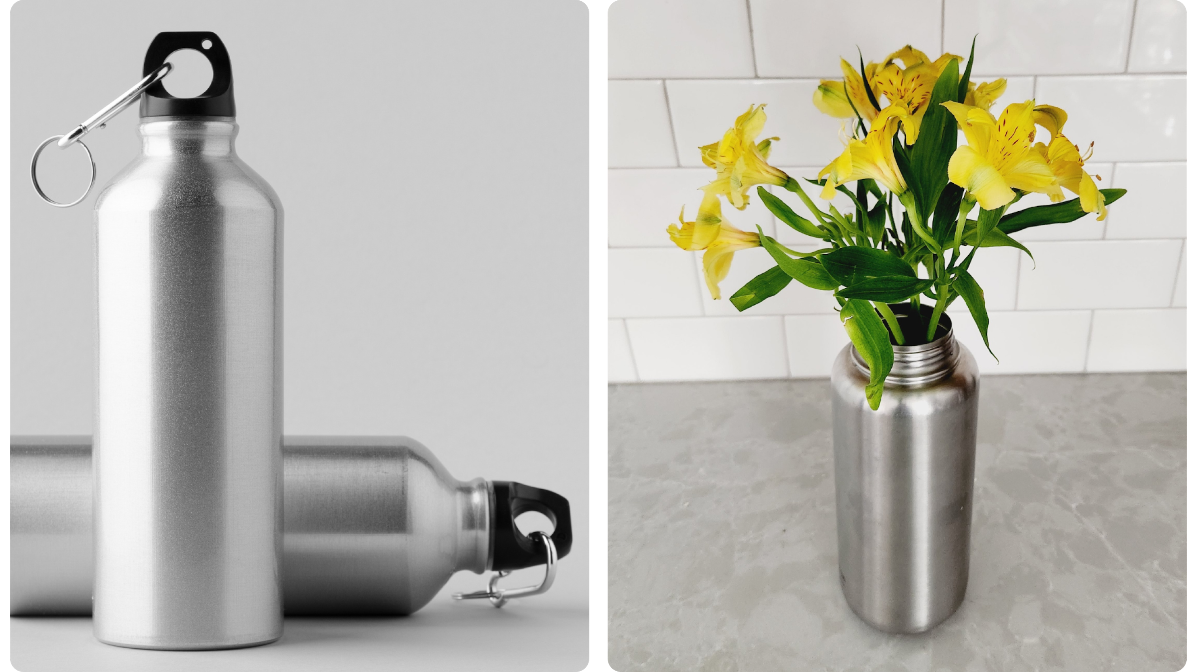 Trinkflasche aus recyceltem Aluminium mit Karabiner, daneben Flasche als Vase
