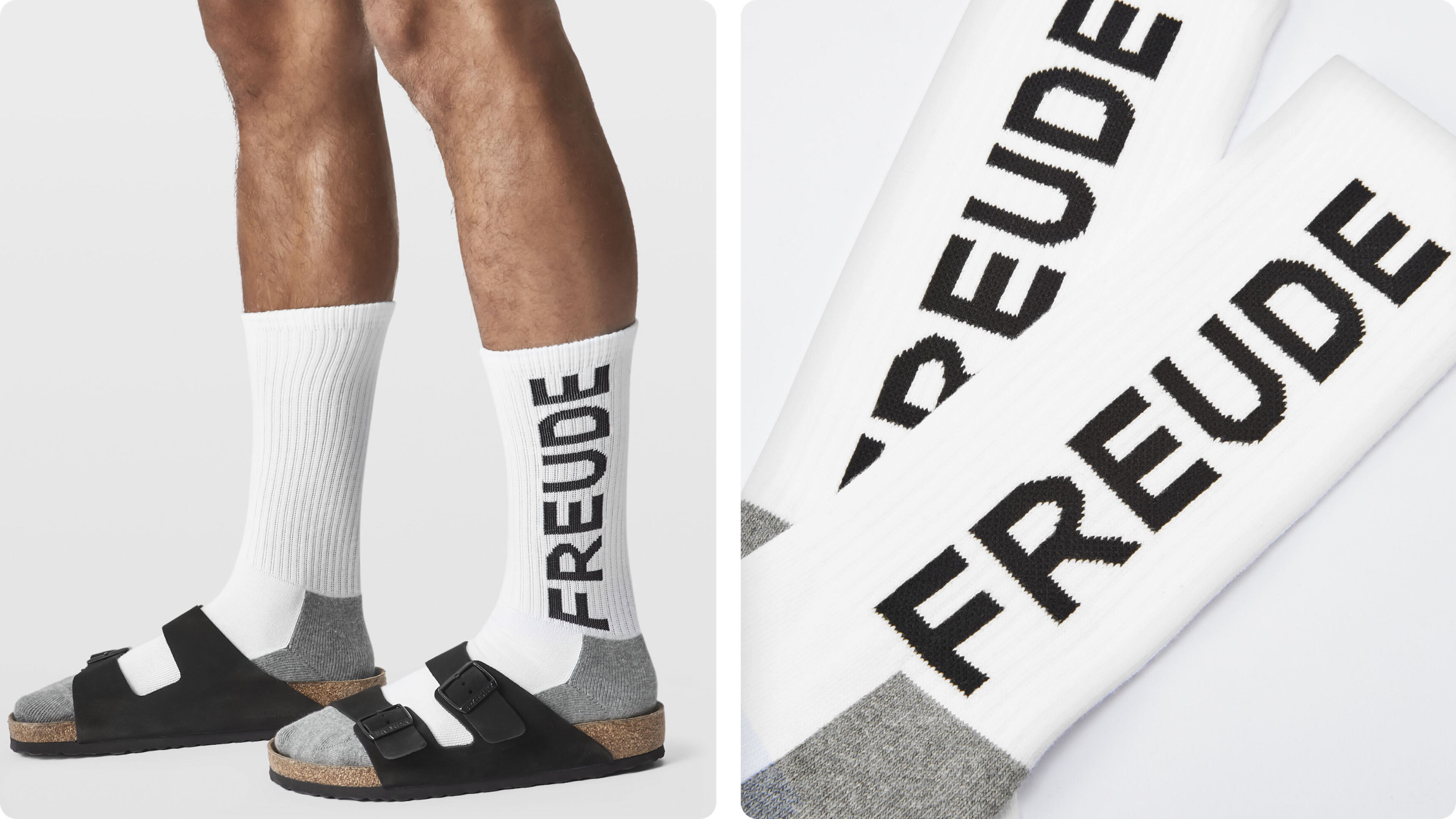 White ribbed socks with bold black 'FREUDE' text, worn with sandals and close-up view.