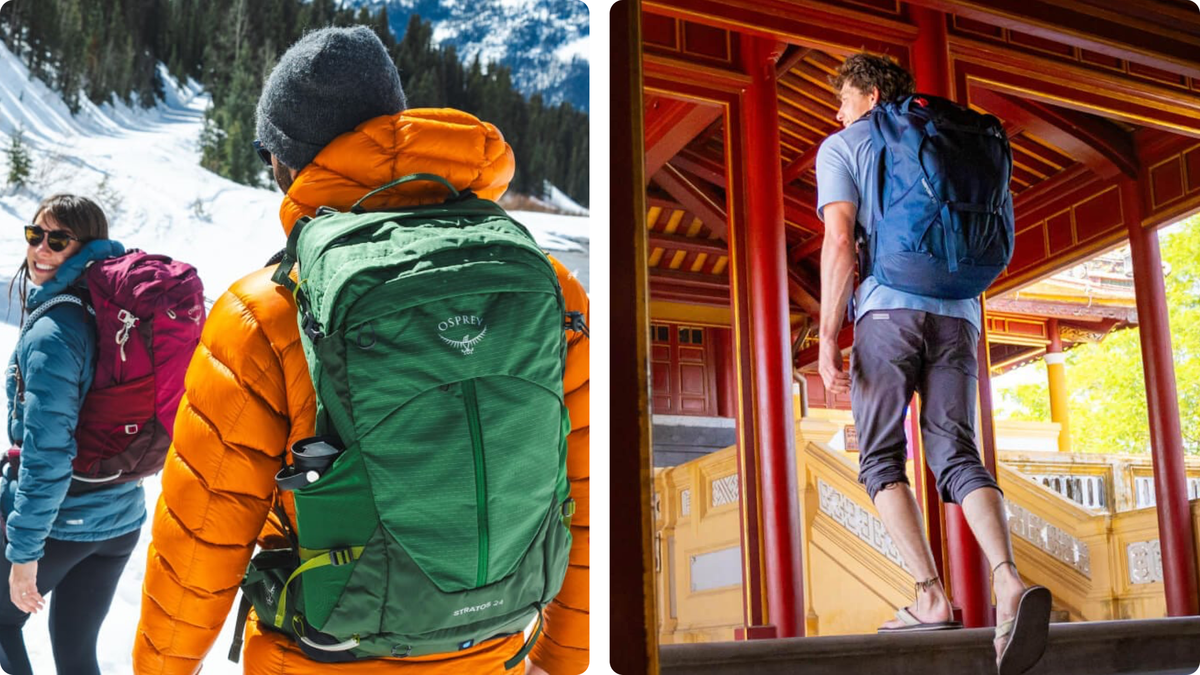 Hikers with backpacks in snowy mountains; traveler wearing a large daypack