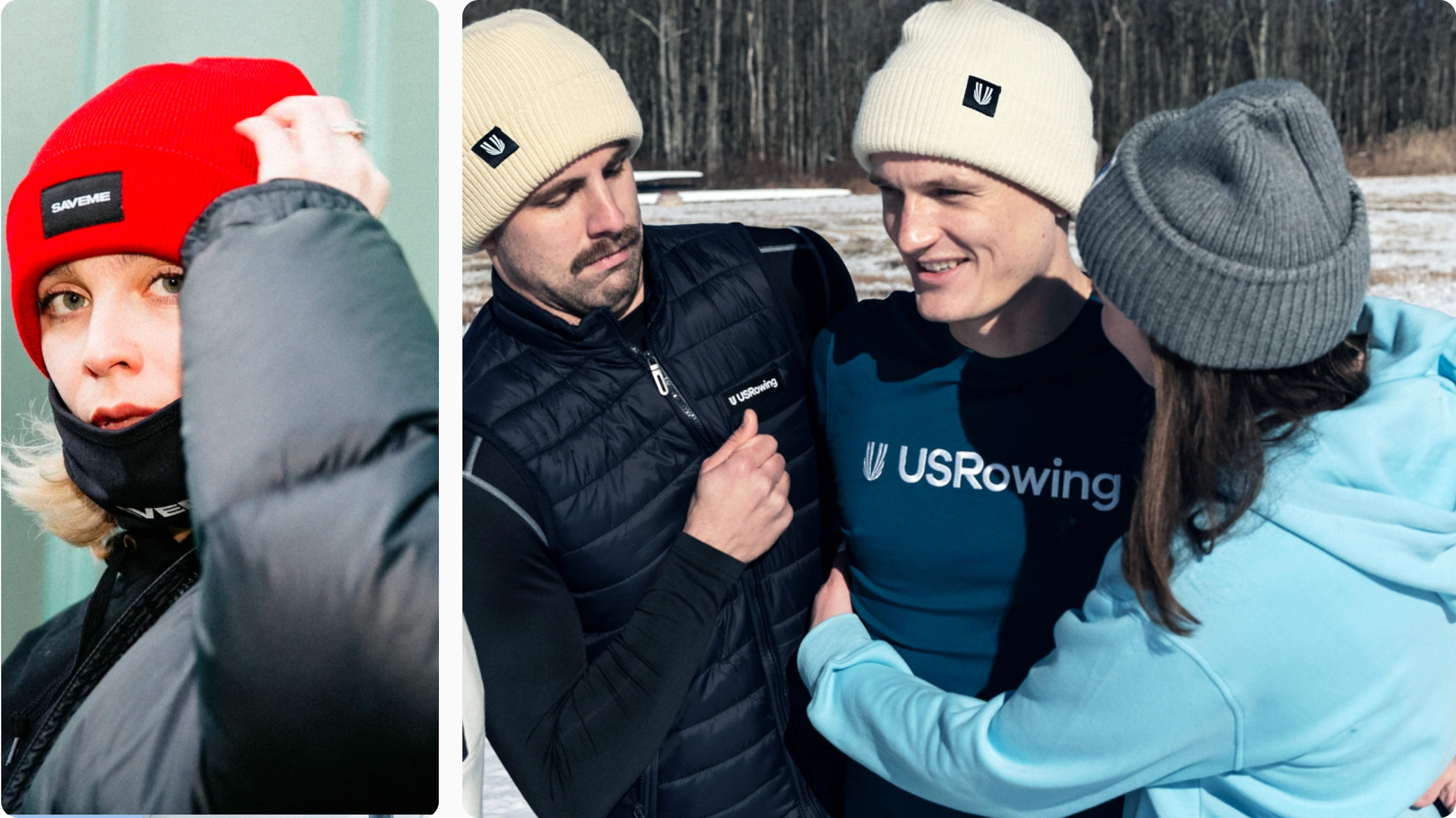 Branded beanies in red, white and grey worn outdoors in cold-weather setting. Bucket Hats.png