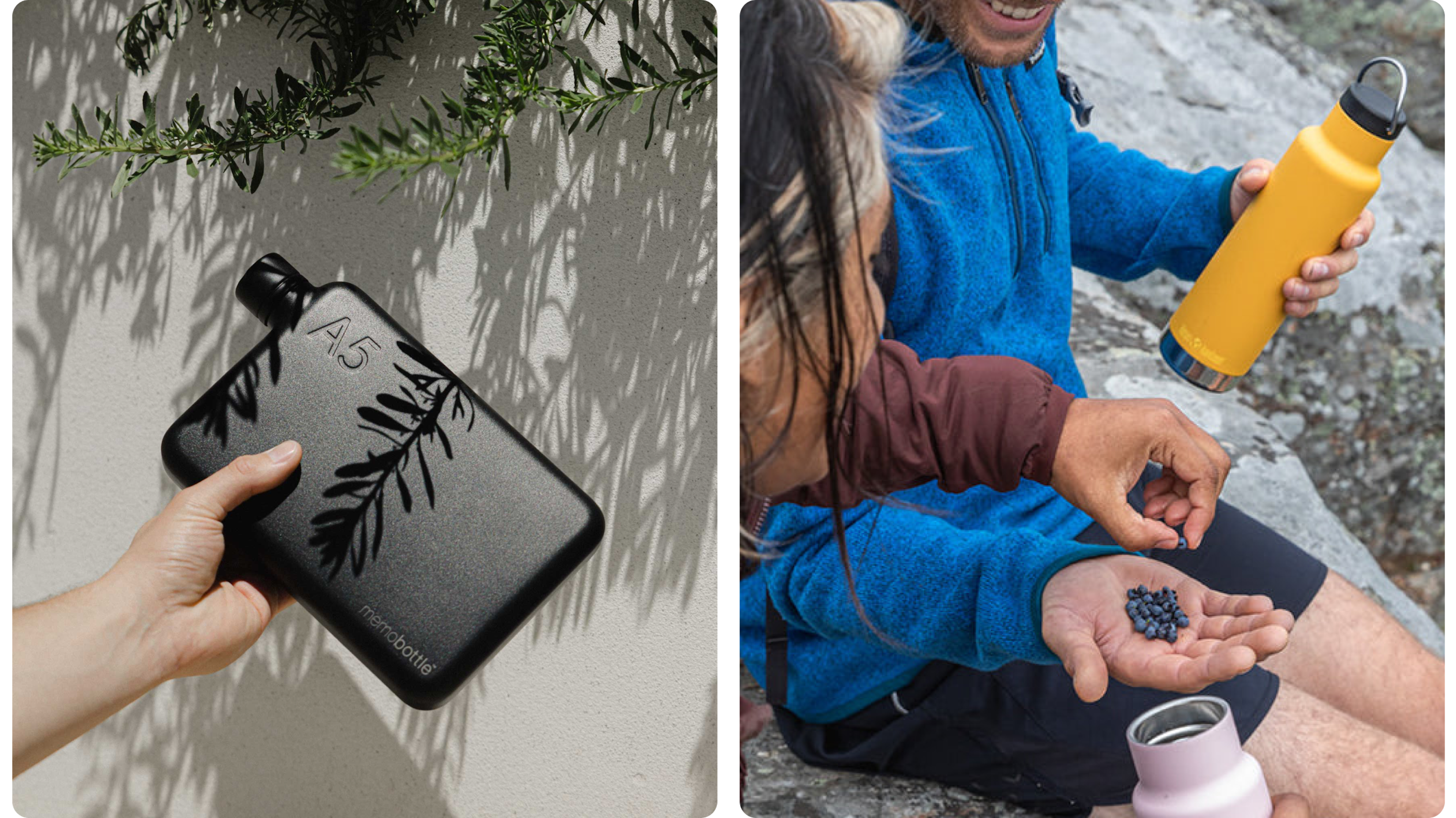 Flache Memobottle in der Hand und isolierte Flasche beim Outdoor-Picknick