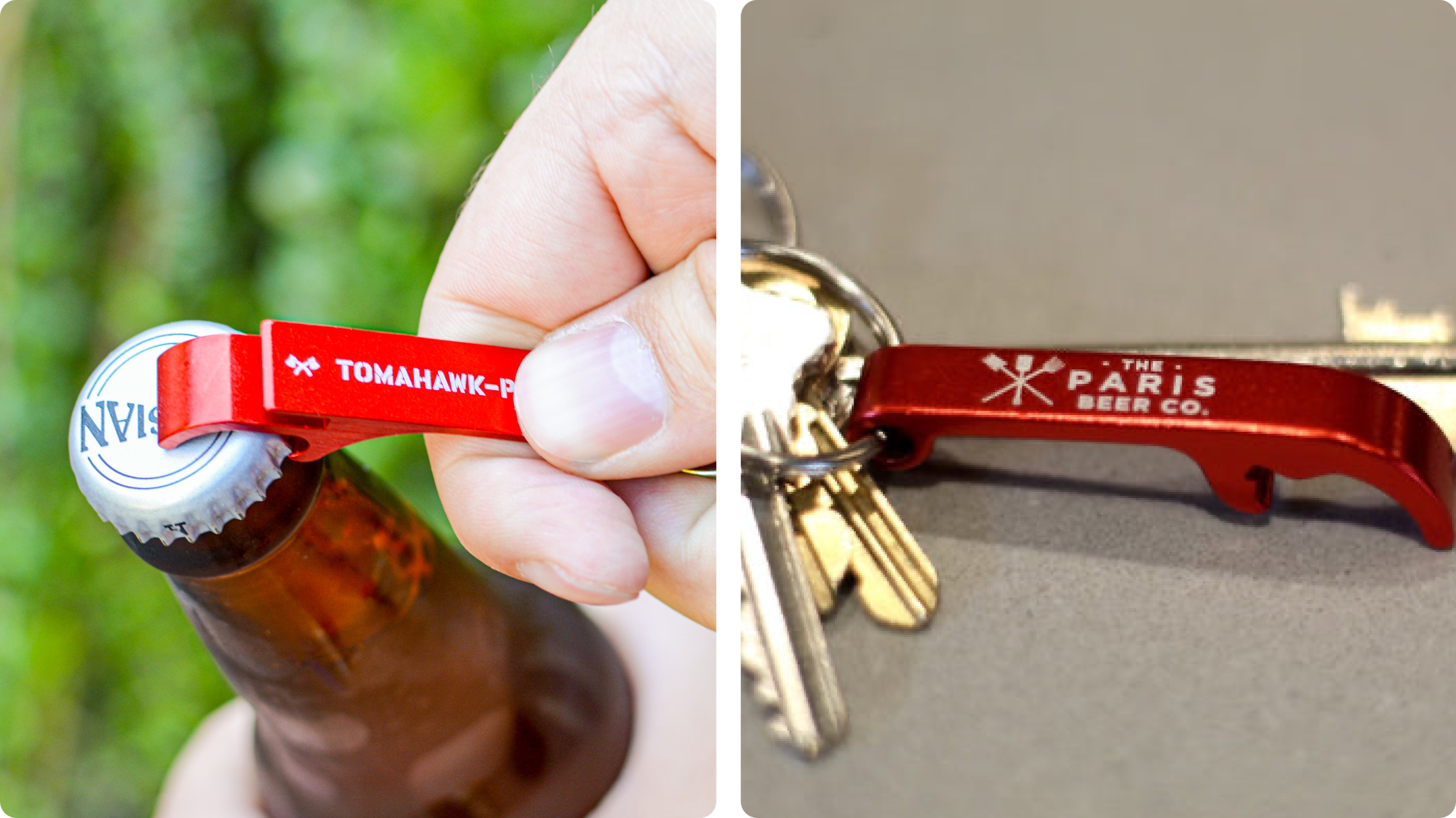 Keychain bottle opener opening a bottle and shown attached to keys on a tabletop