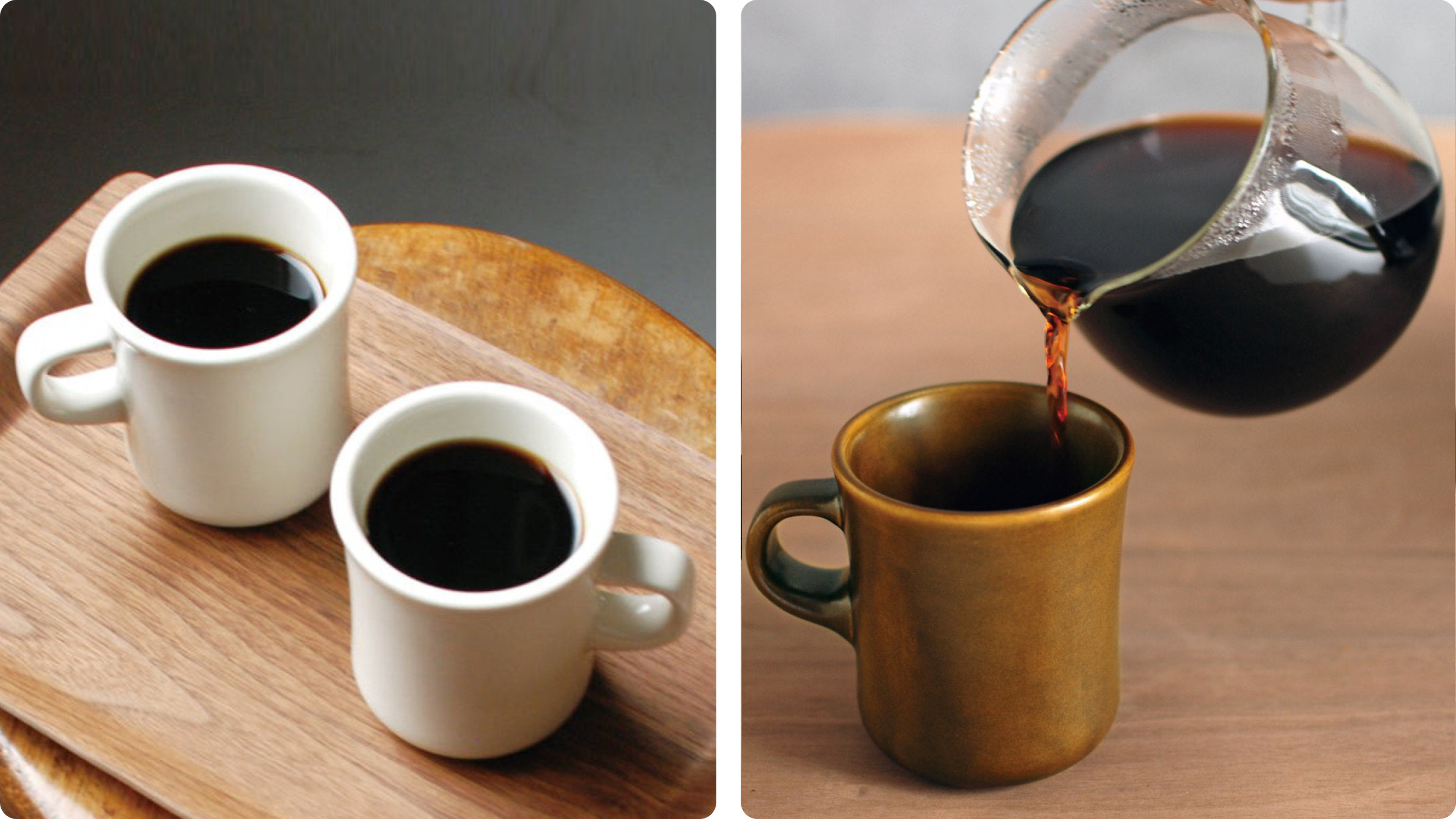 Two mugs of black coffee and a pour from glass carafe into a brown mug