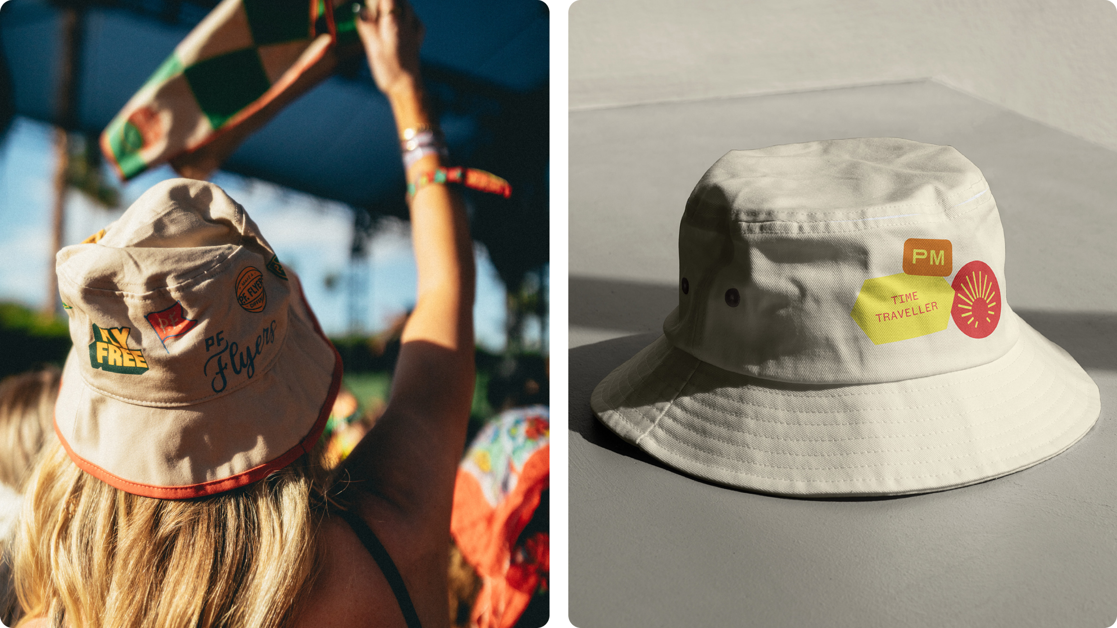 Two branded bucket hats: one worn outdoors and one studio shot with patches.