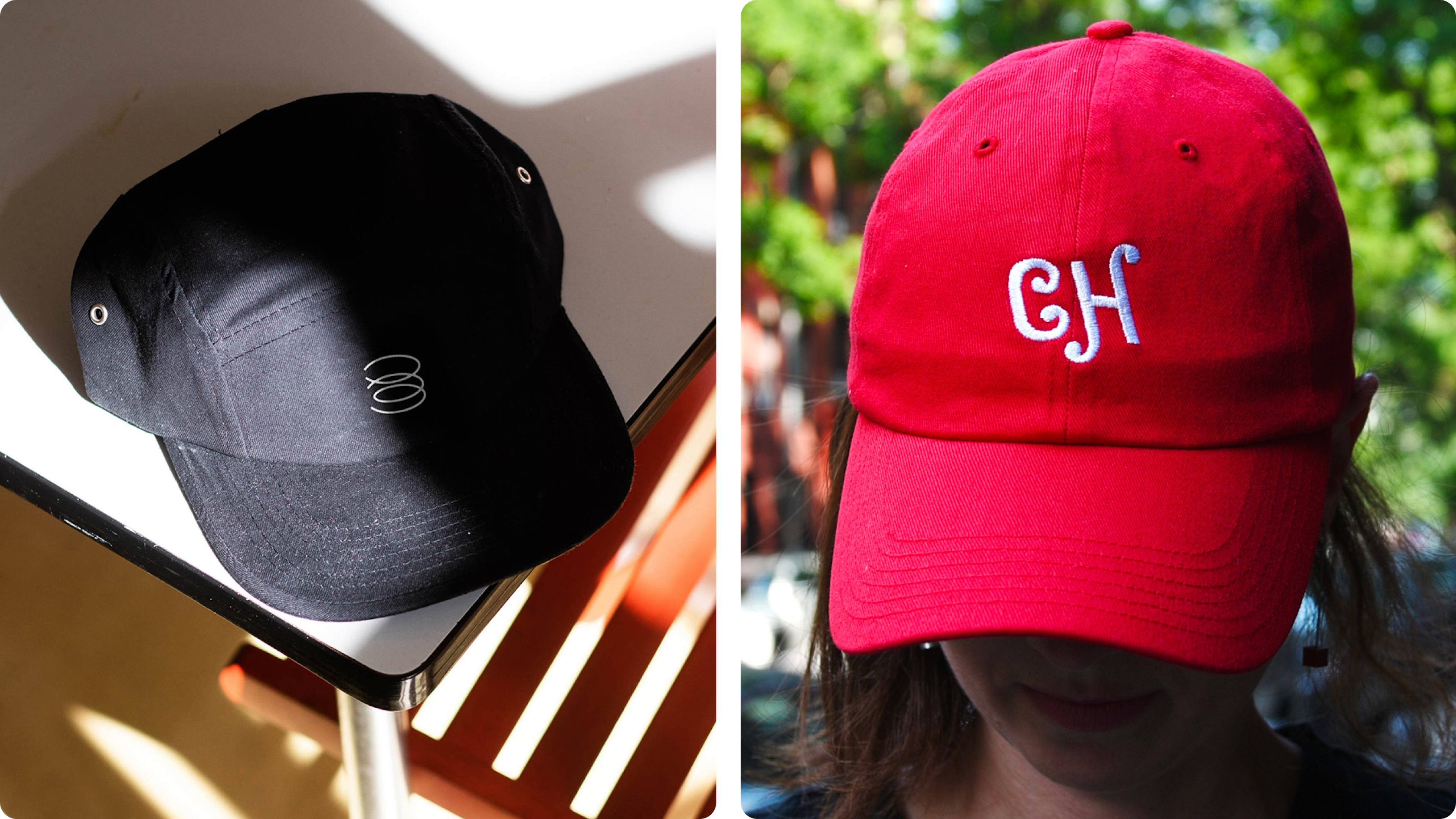 Black and red caps showing embroidered initials and small side logo placement.