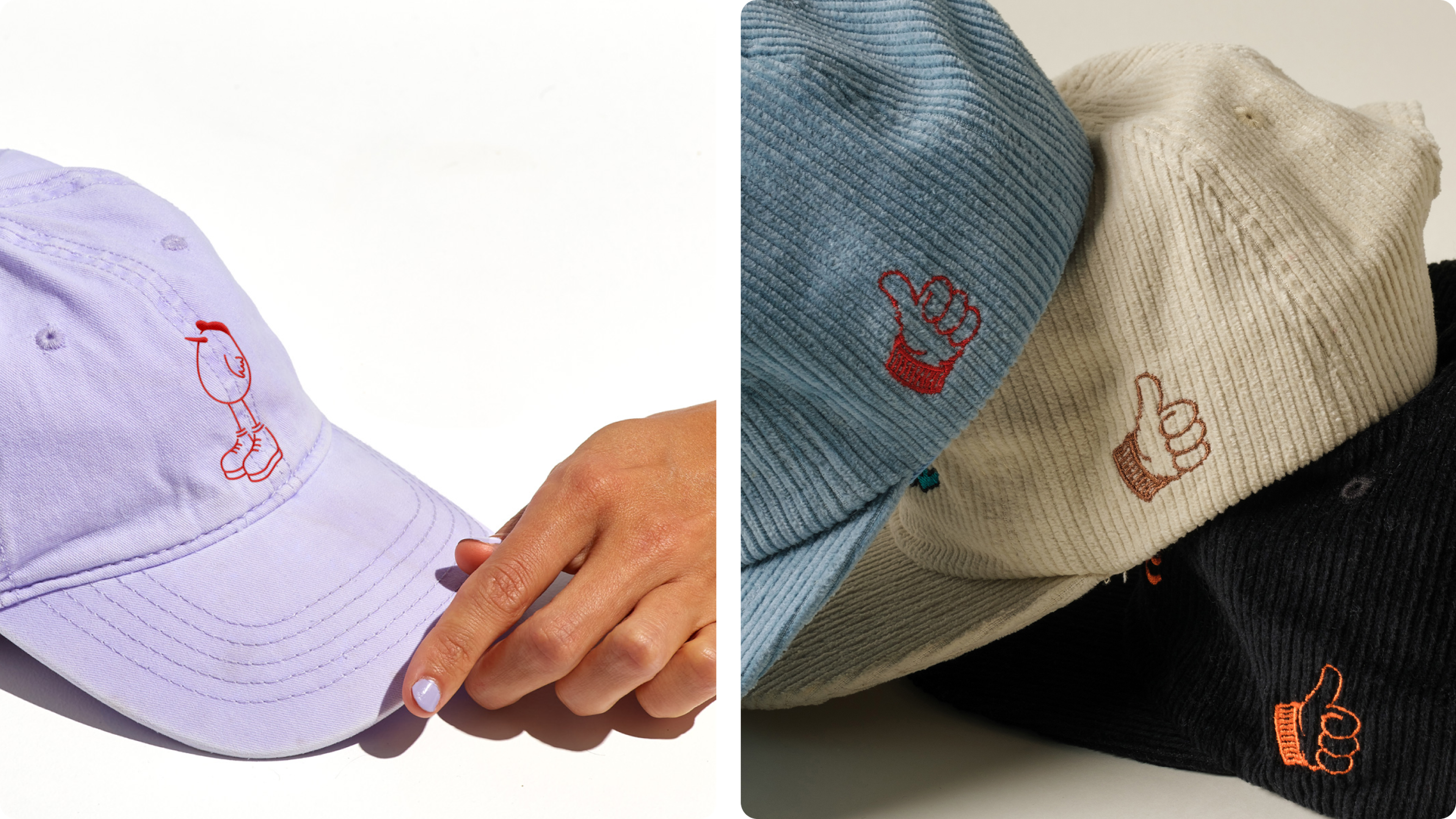 Embroidered caps in pastel and corduroy fabrics with small graphic logo details