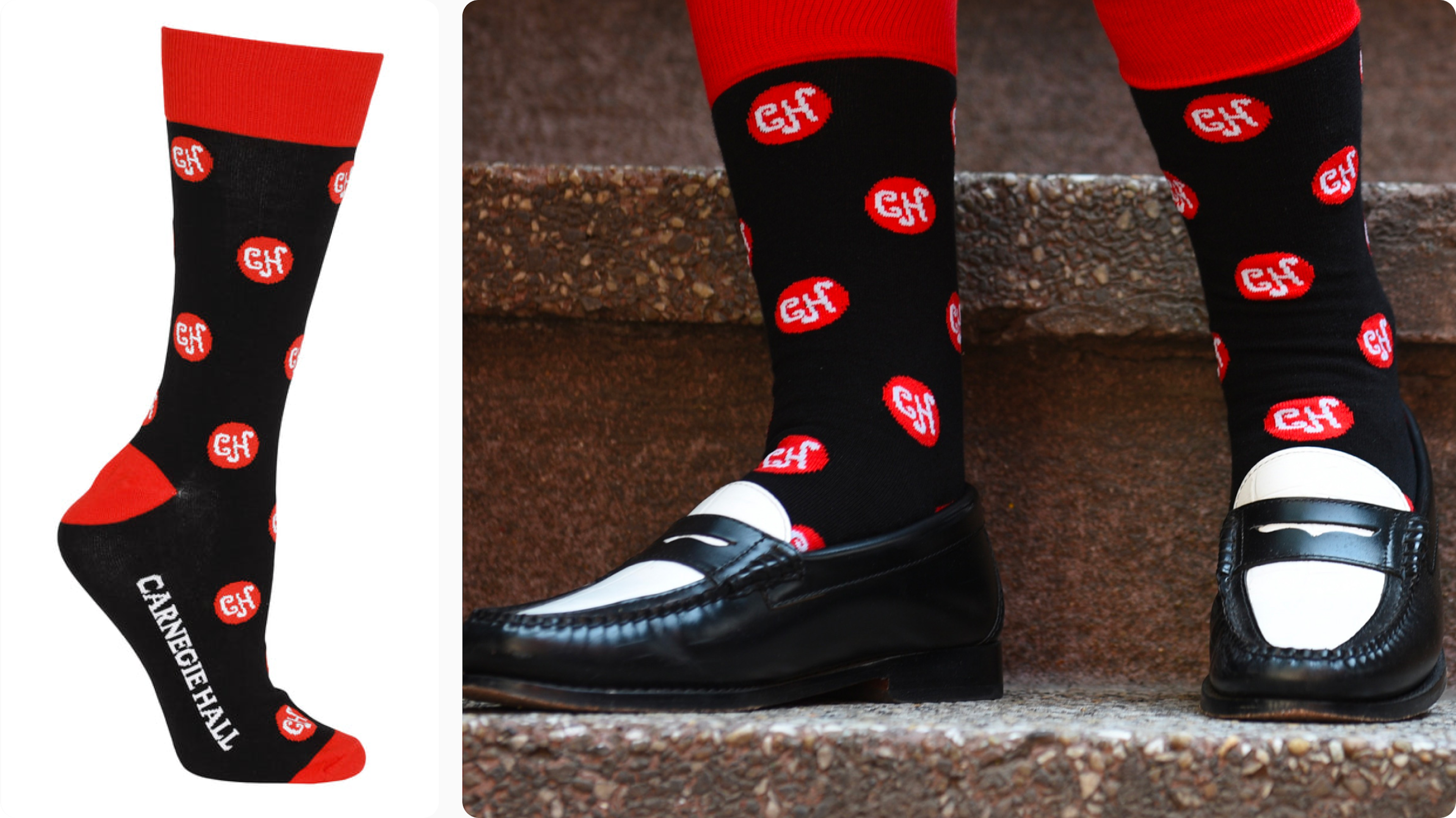 Black socks with red cuff and repeated CH monogram, shown on foot in loafers. Degreed