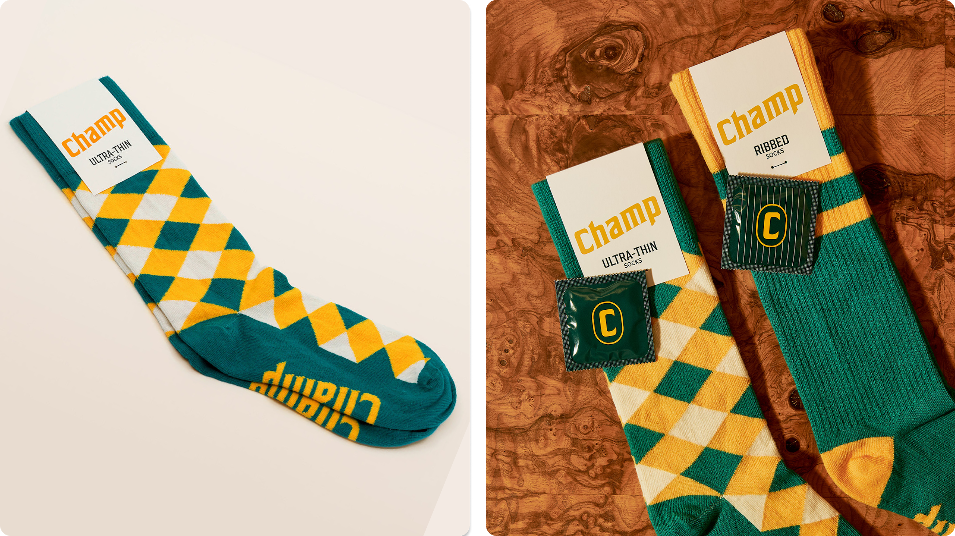 Green and yellow argyle socks with Champ labels, photographed as flat lays on wood.