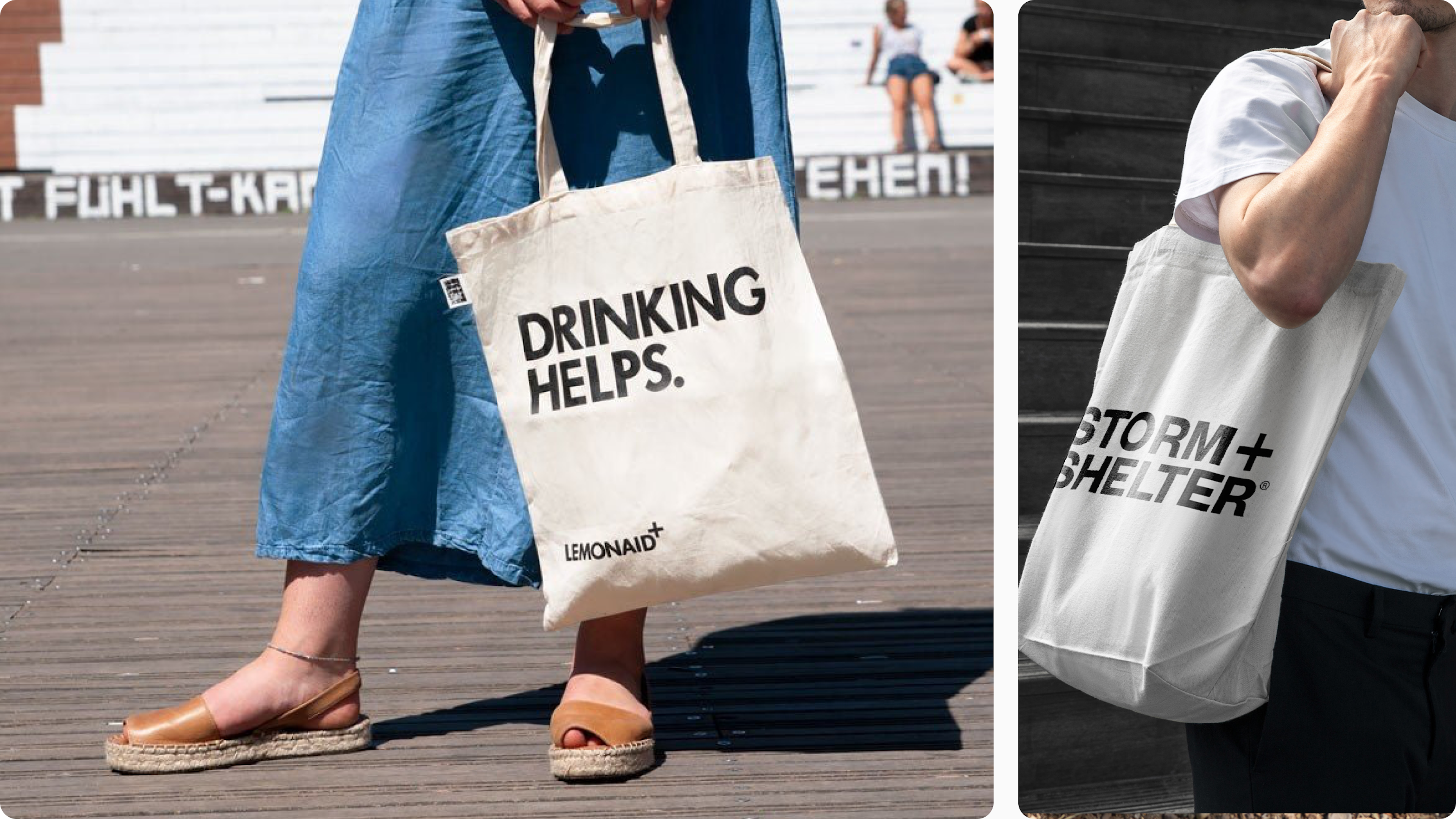 Two branded cotton totes in use: bold text tote in hand and shoulder-worn tote