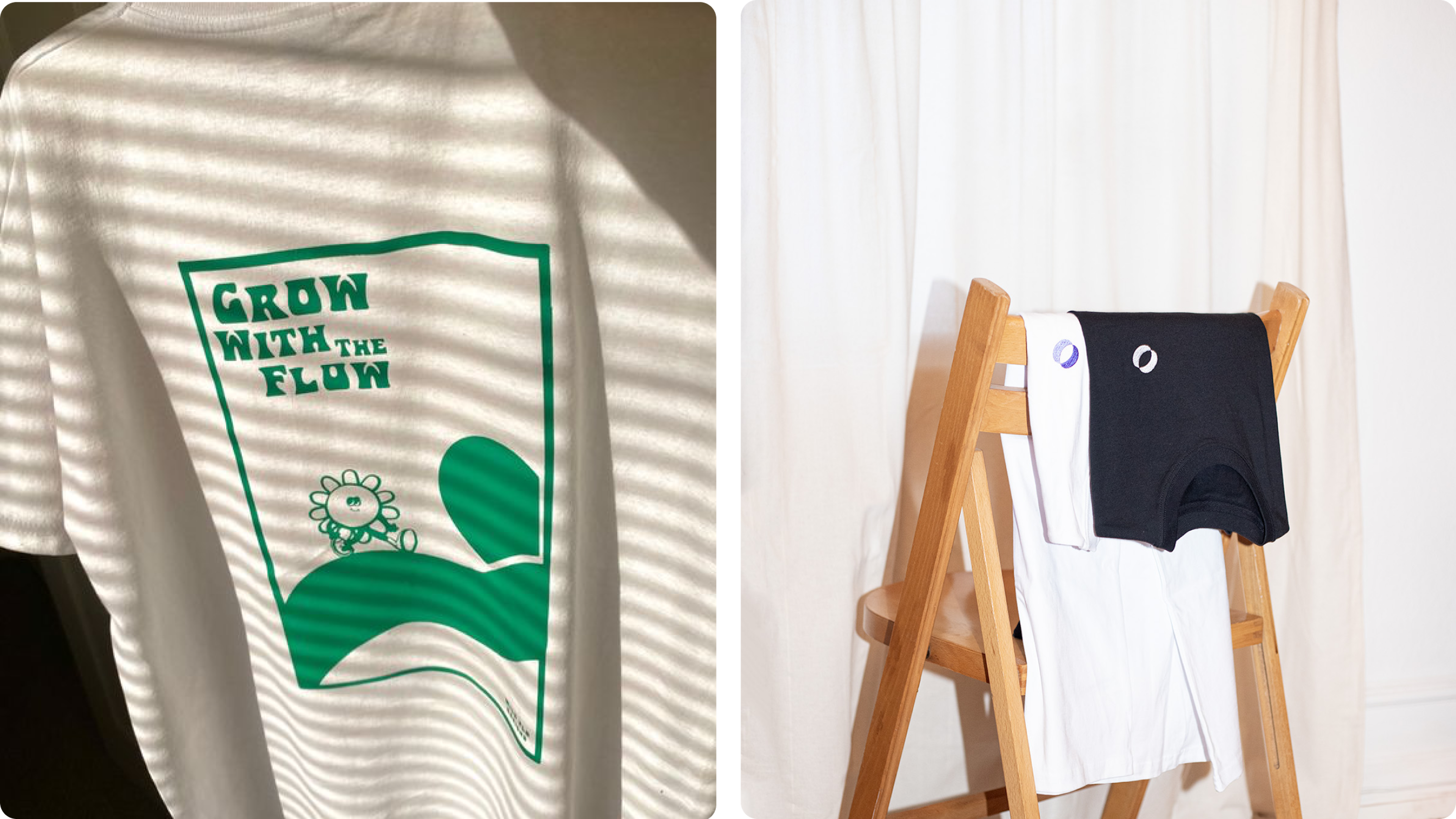 Branded T-shirt close-up and clothing folded over a wooden chair