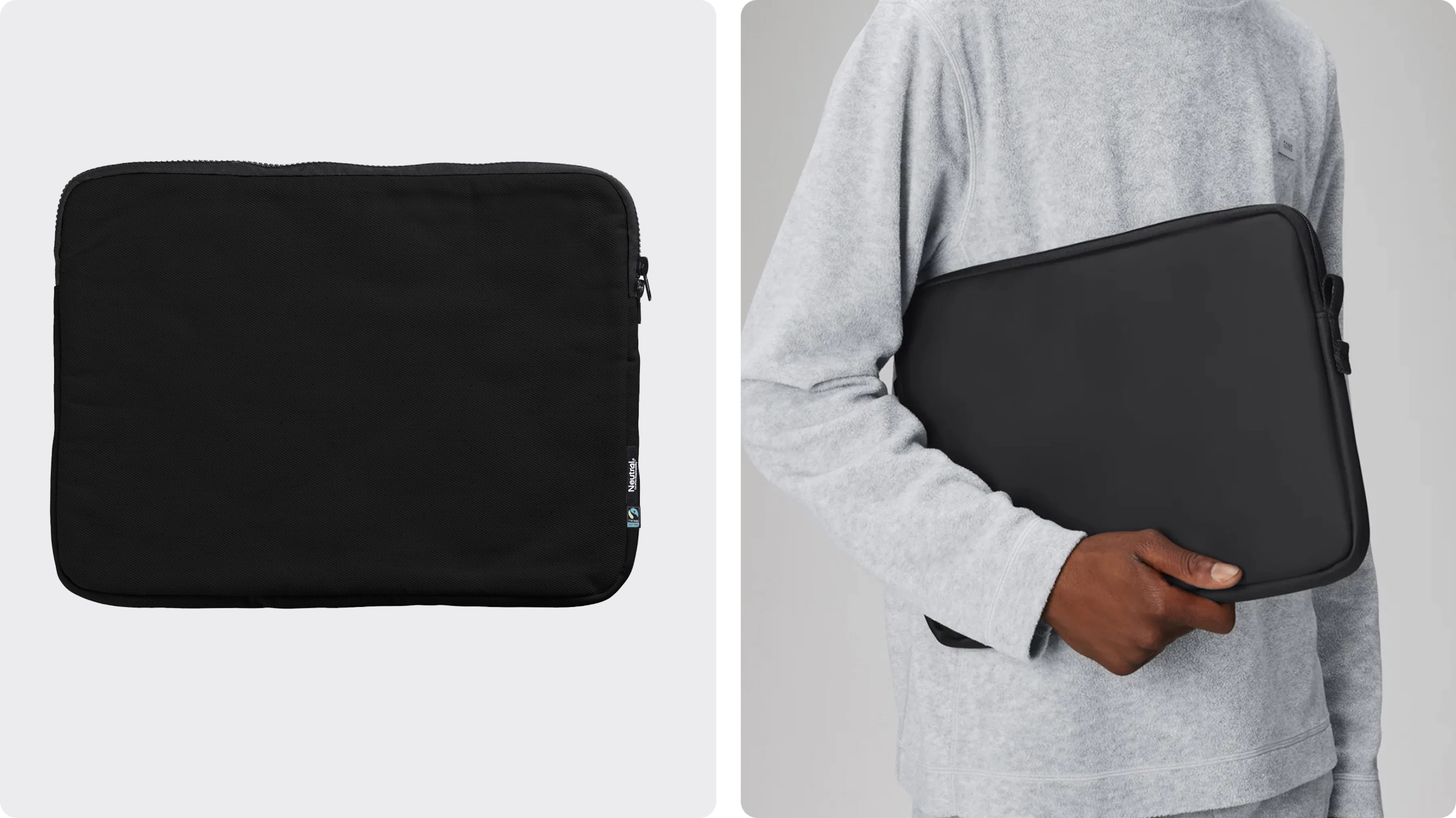 Organic cotton laptop sleeve shown protecting a computer with padded lining.
