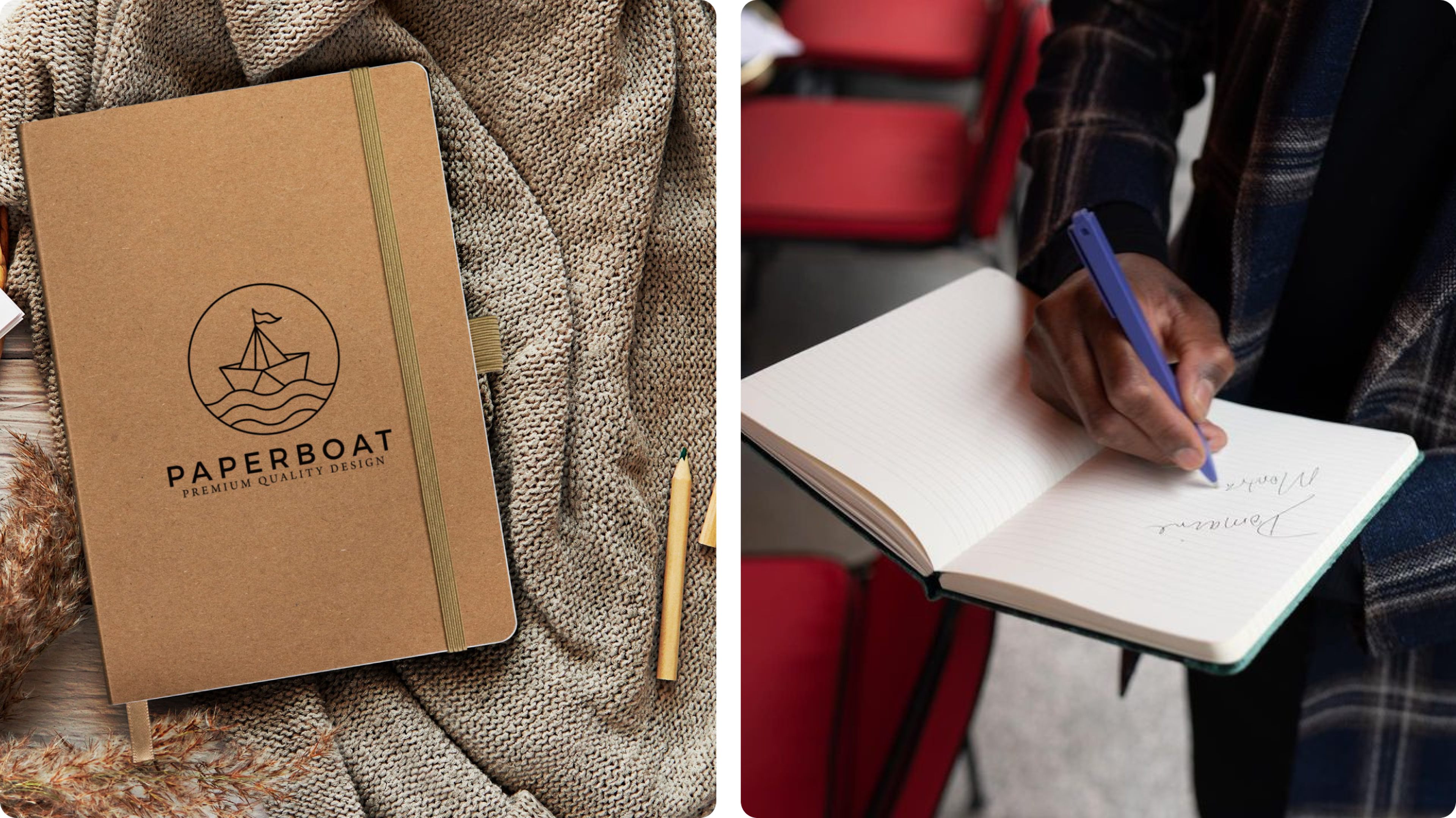 Kraftfarbenes Notizbuch auf Decke und Person beim Schreiben in einem Notizbuch.