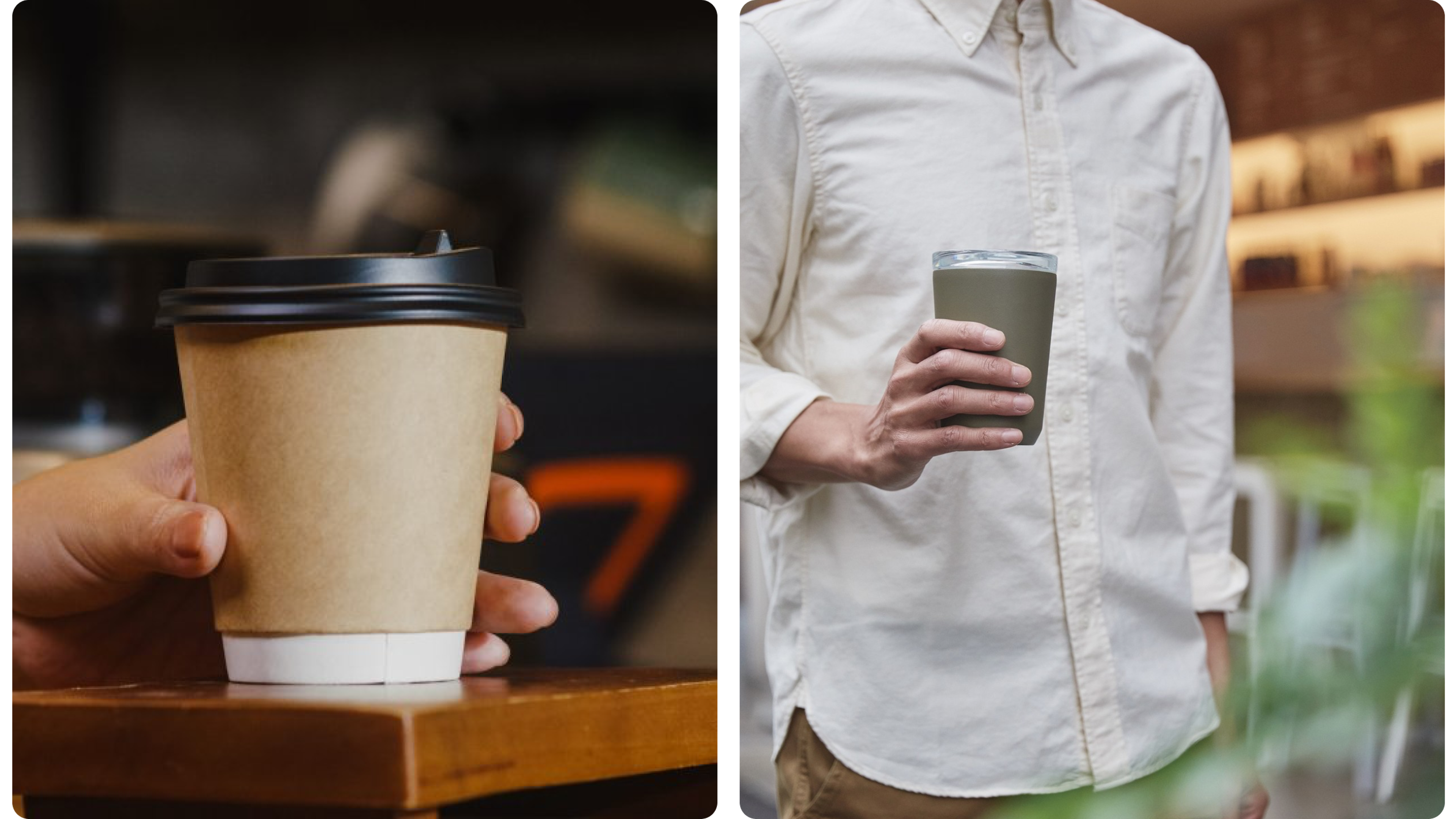 Disposable takeaway coffee cup next to a reusable travel tumbler in hand