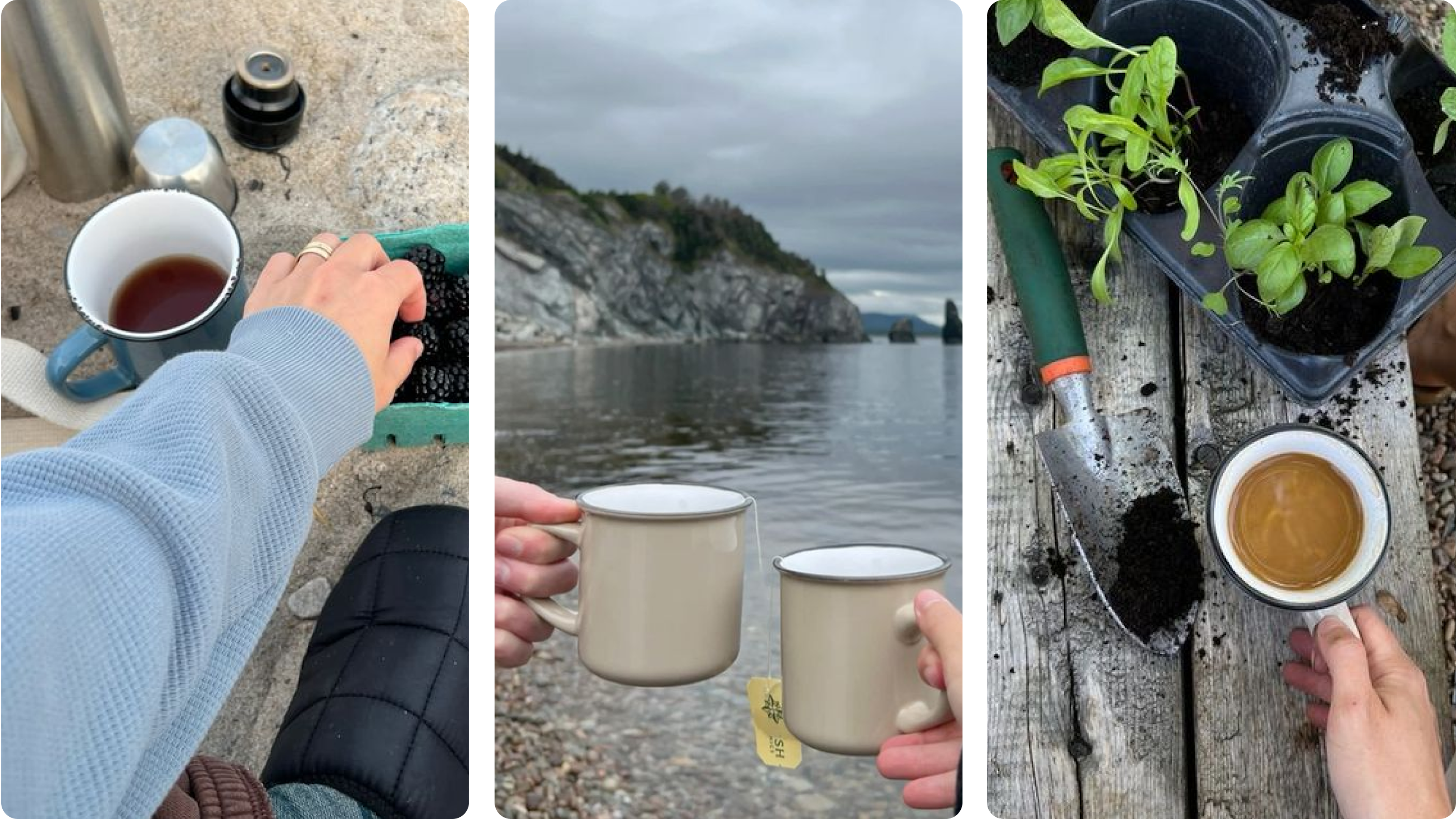 Enamel camping mug with simple logo, durable drinkware for outdoor use.