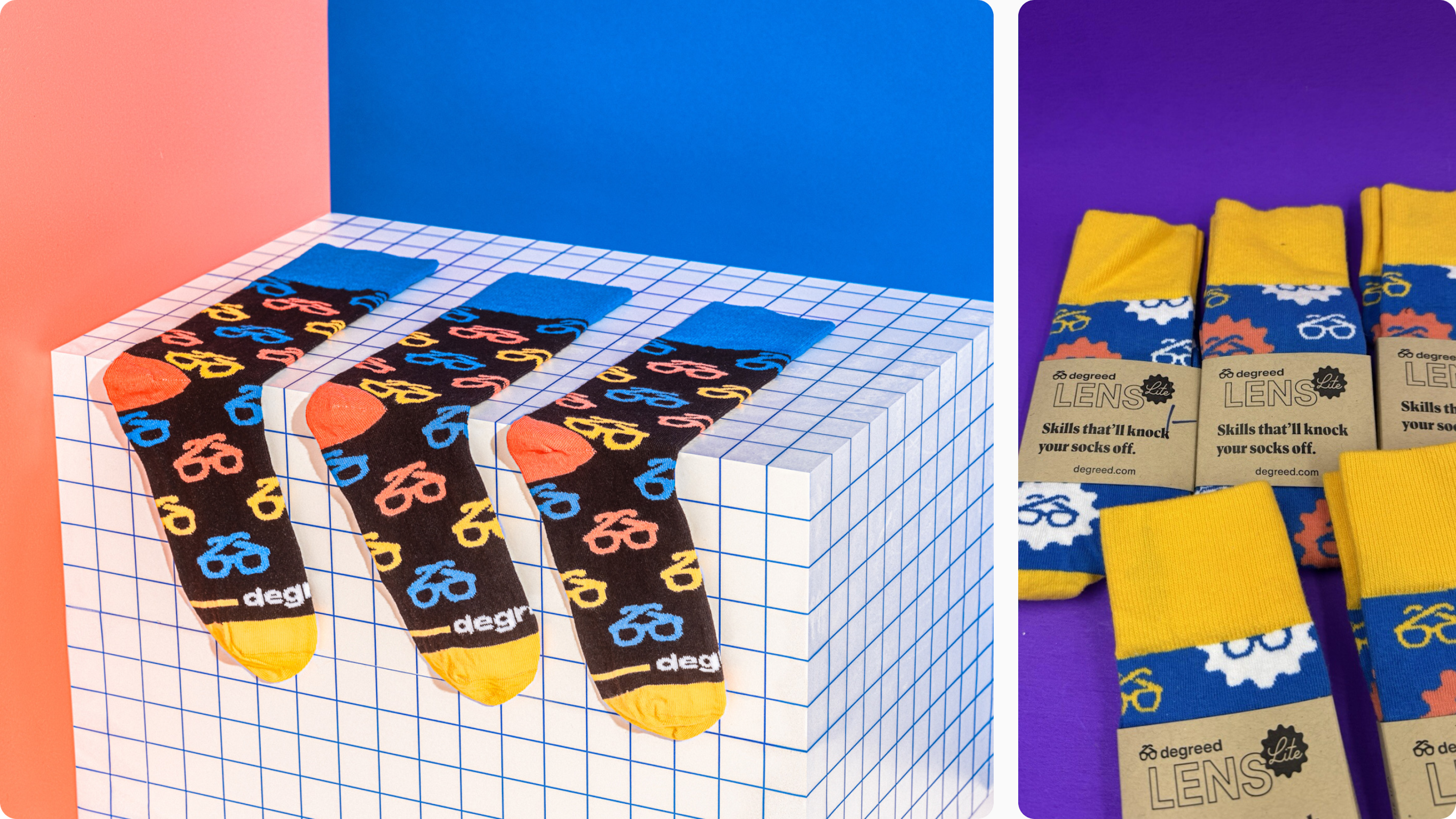 Colorful patterned socks staged on grid blocks with folded pairs and paper sleeves.