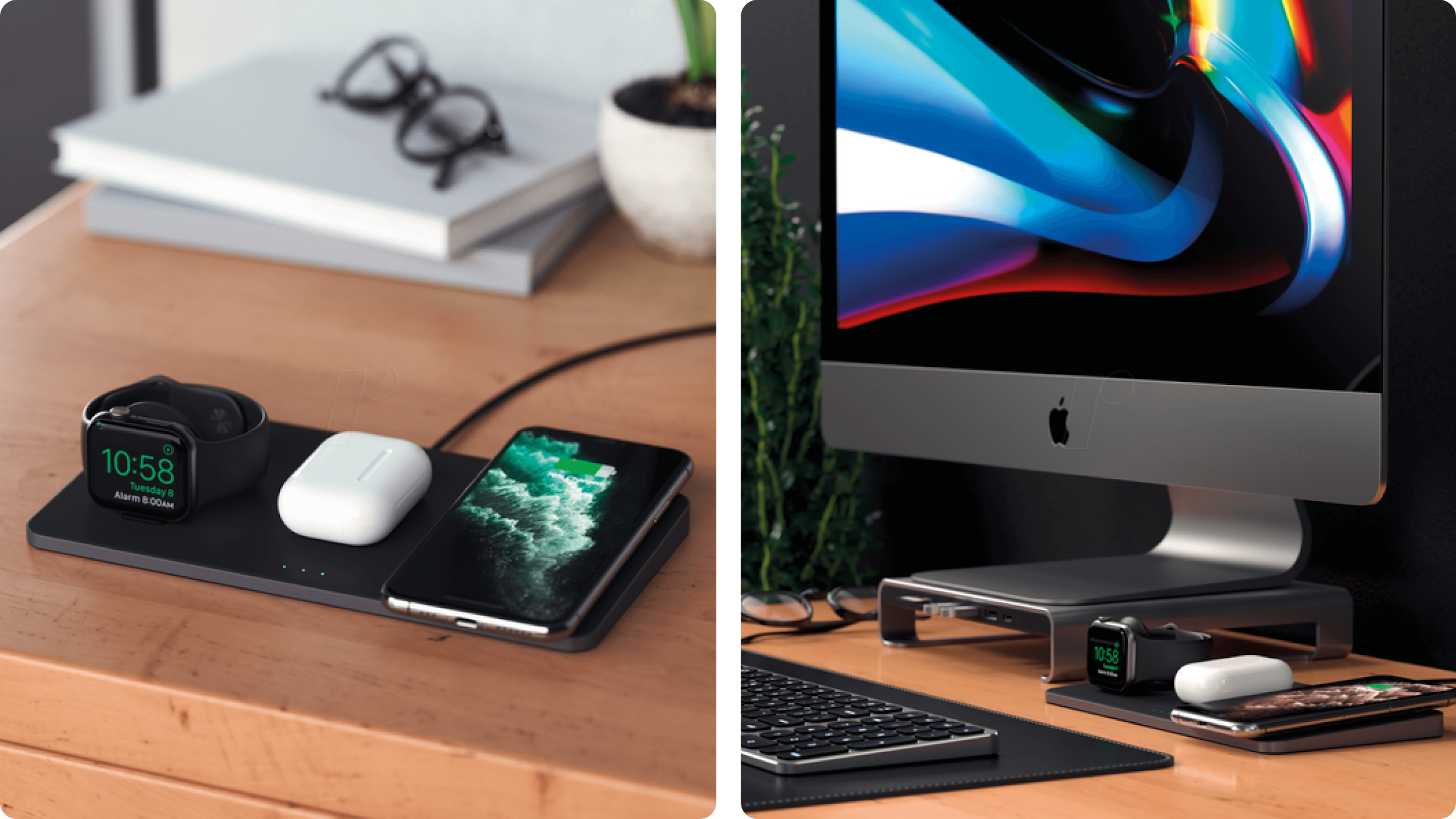 Multi-Device-Ladestation auf Schreibtisch, lädt Uhr, AirPods und Smartphone neben iMac.