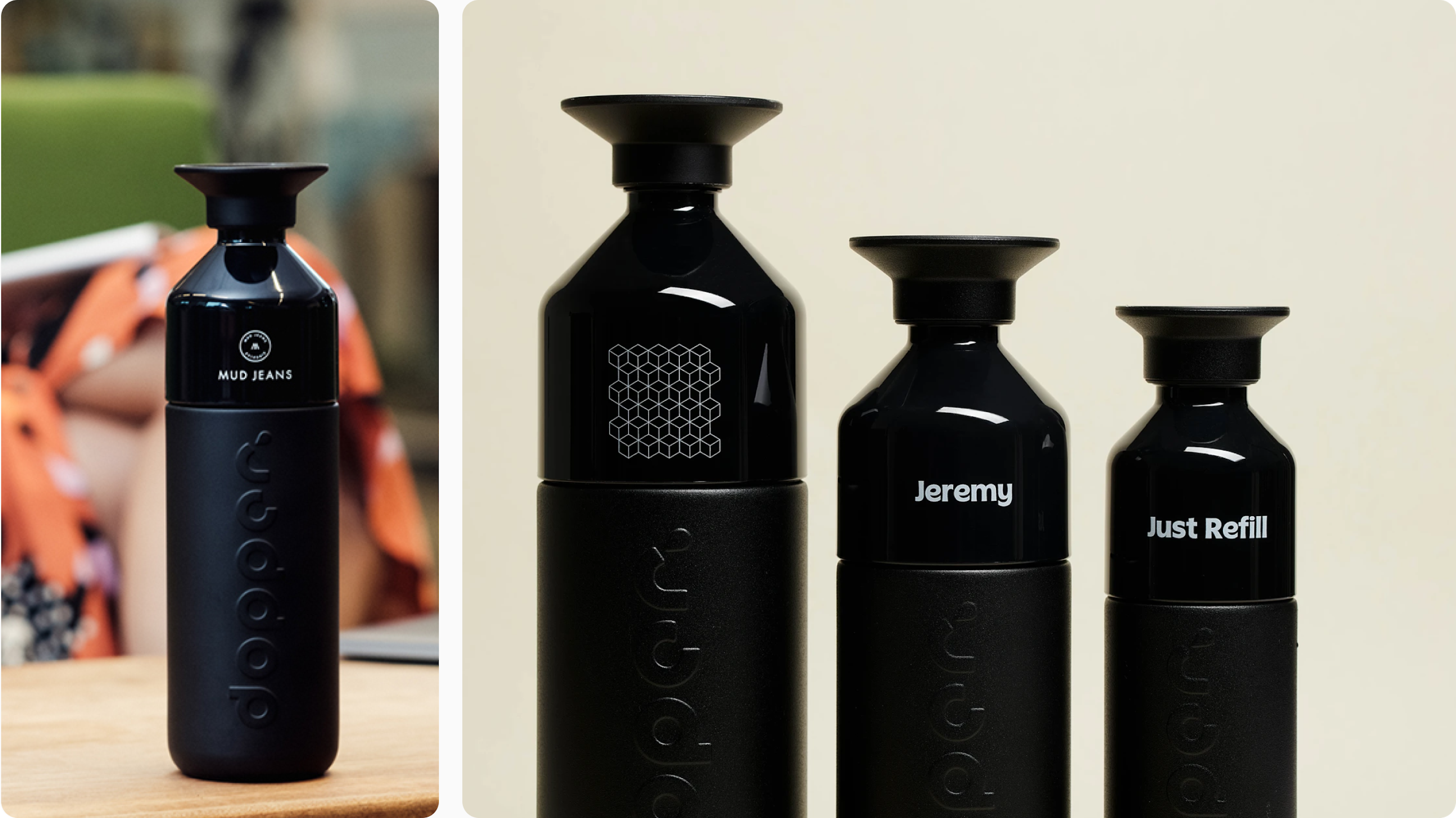 Schwarze Dopper Trinkflaschen mit Druck, einzeln am Tisch und als Dreiergruppe.