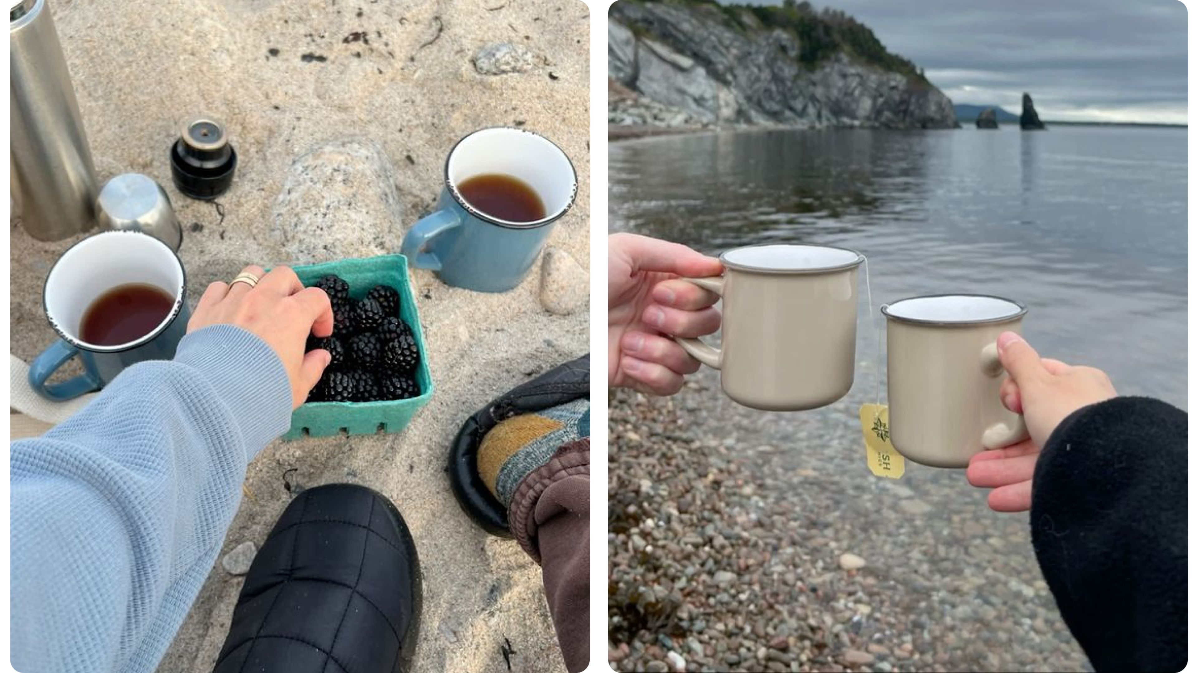 Emaille-Becher am Strand und am Wasser, als langlebige Alternative zu