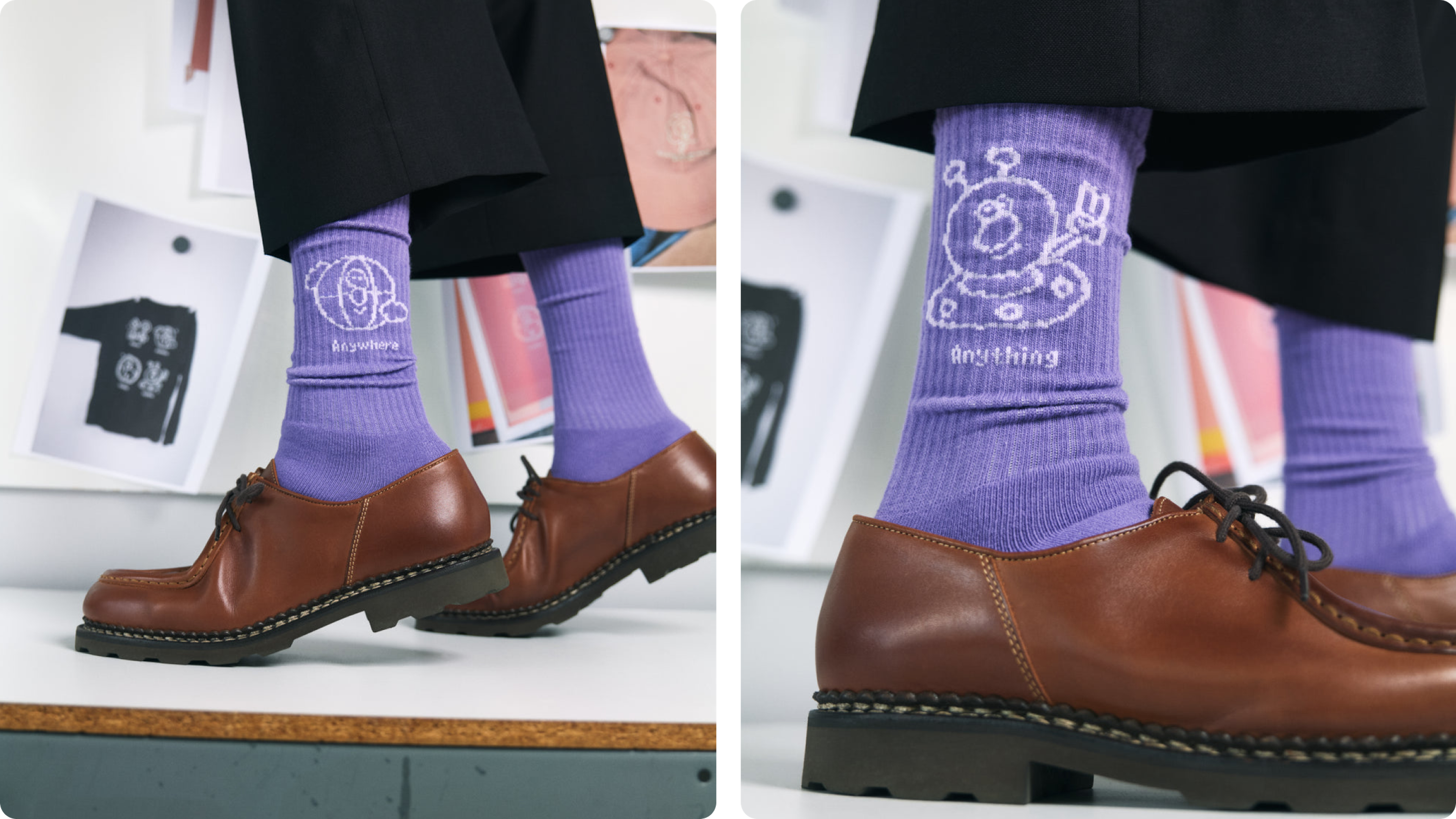 Purple crew socks with embroidered cartoon alien, worn with brown leather shoes indoors.