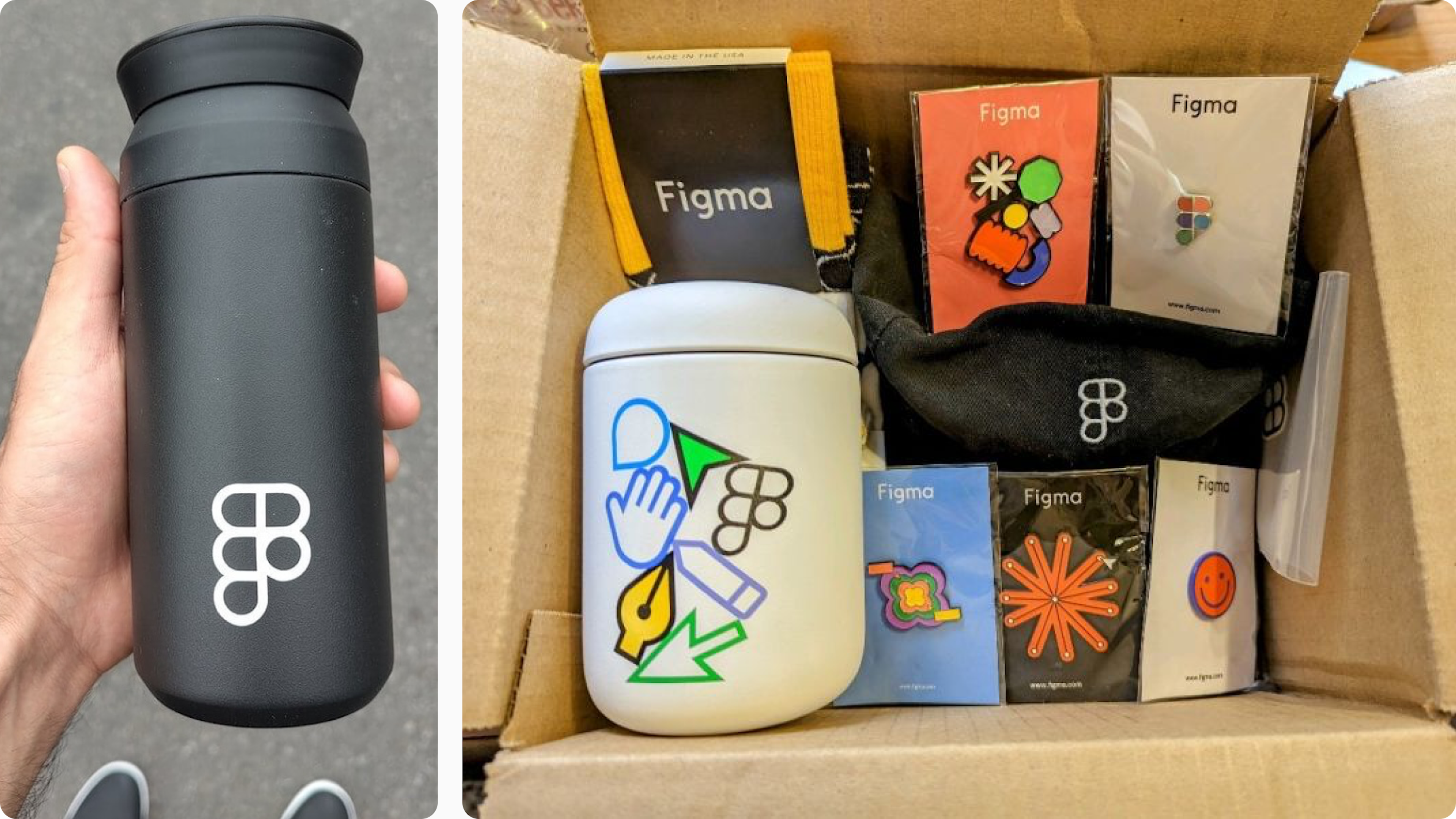 Creative conference swag bag with hero tumbler plus pins and stickers