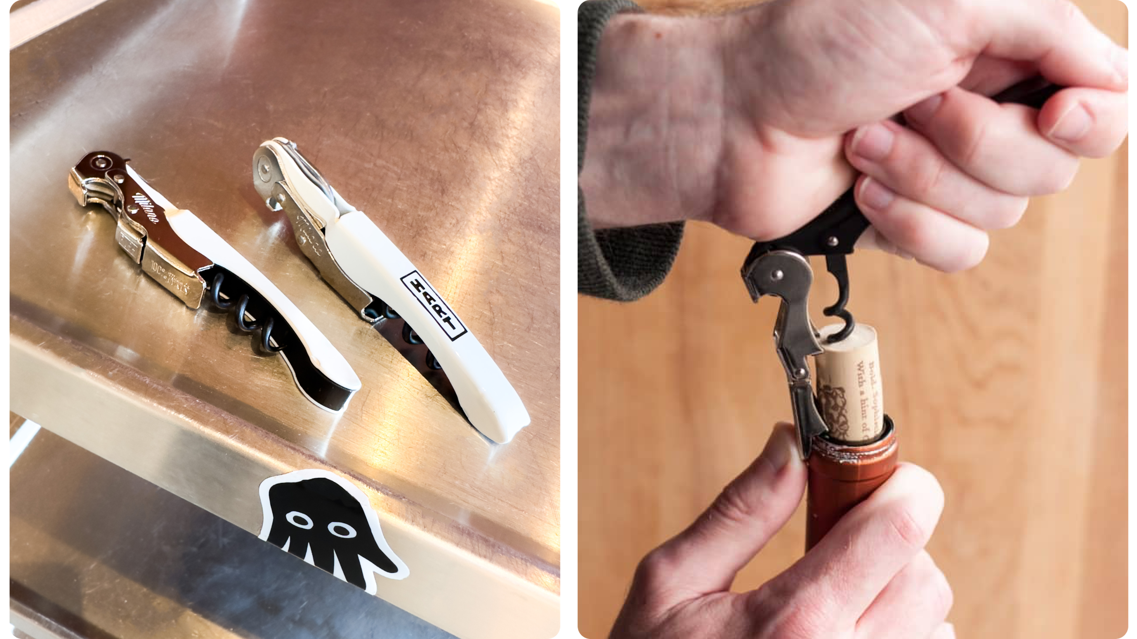 Zwei Korkenzieher und eine Hand beim Öffnen einer Weinflasche