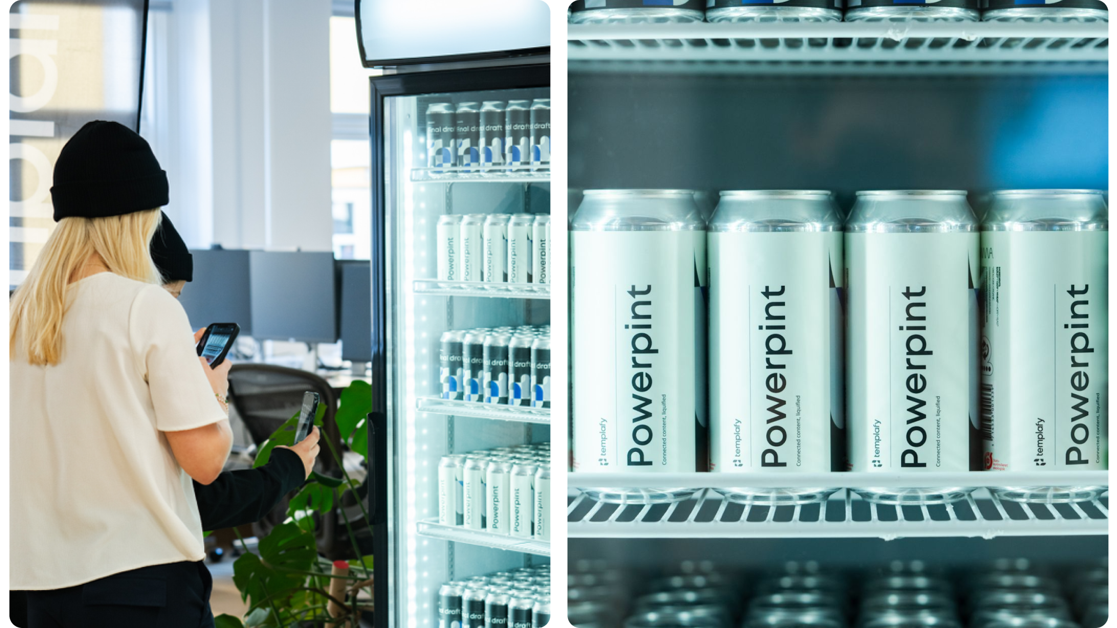 Getränkedosen im Kühlschrank mit „Powerpint“ Design, Office-Szene daneben