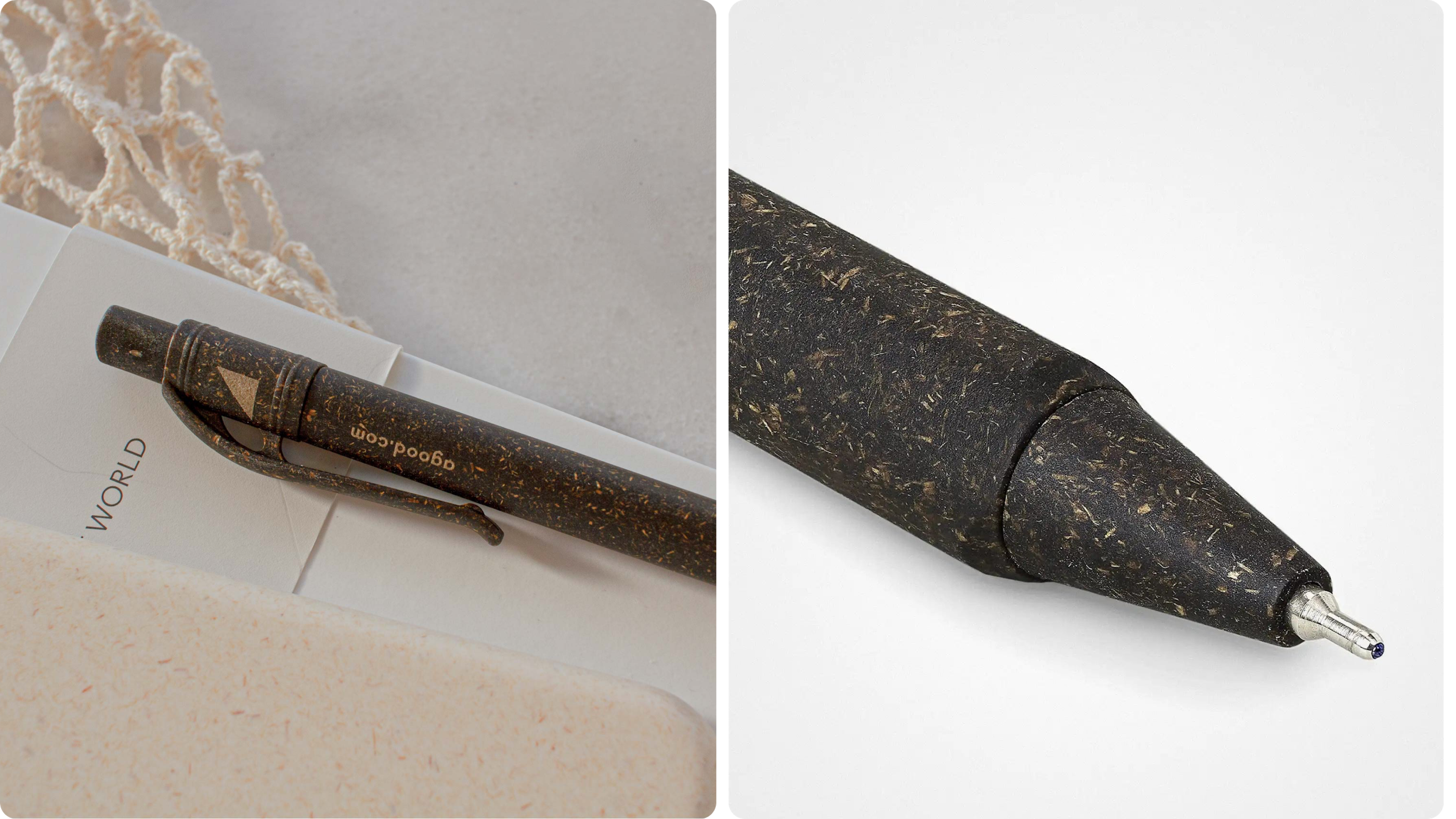 Close-up of a dark recycled-material pen showing texture and tip