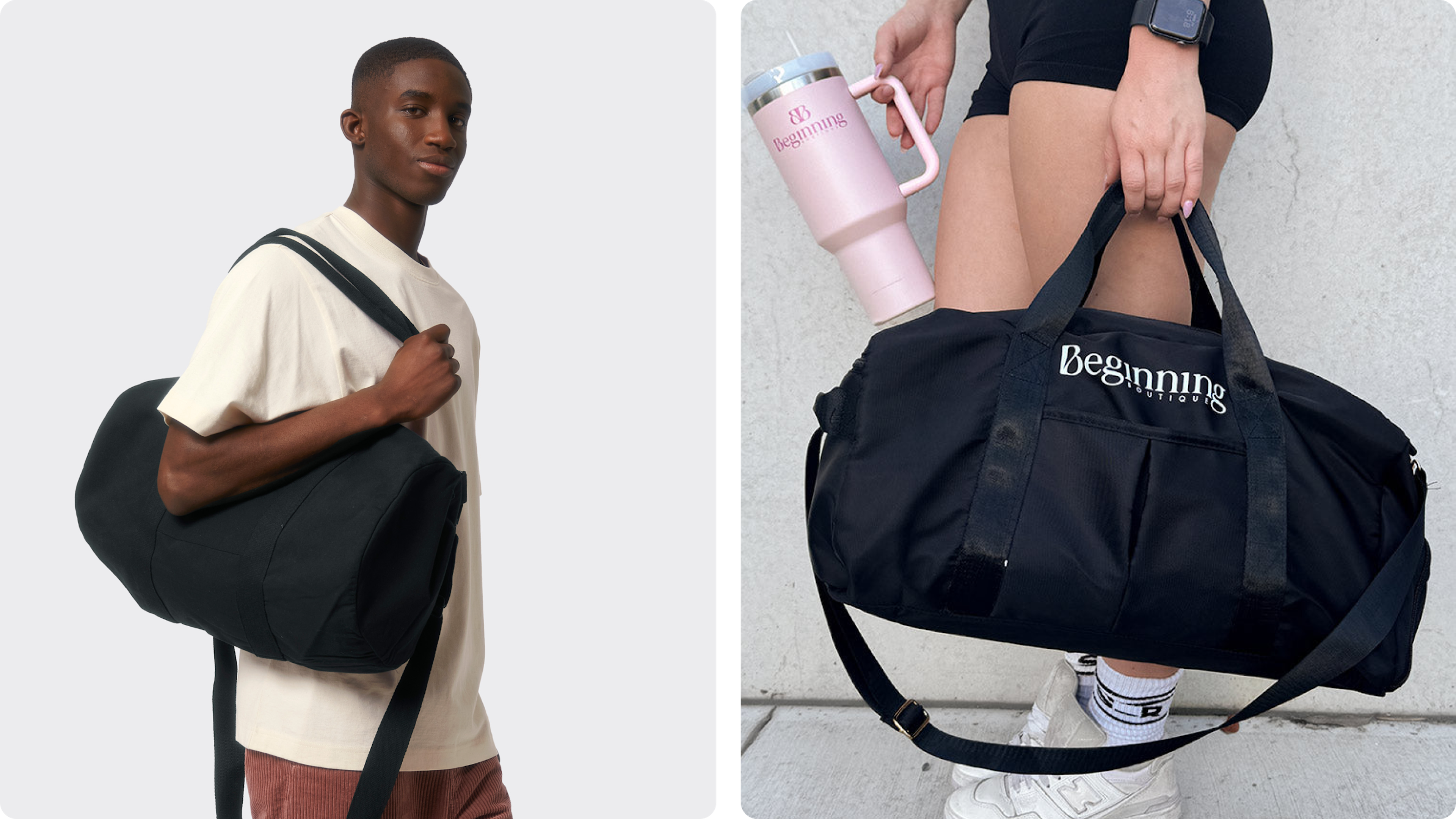Black duffel bag with logo, carried beside matching tumbler and outfit