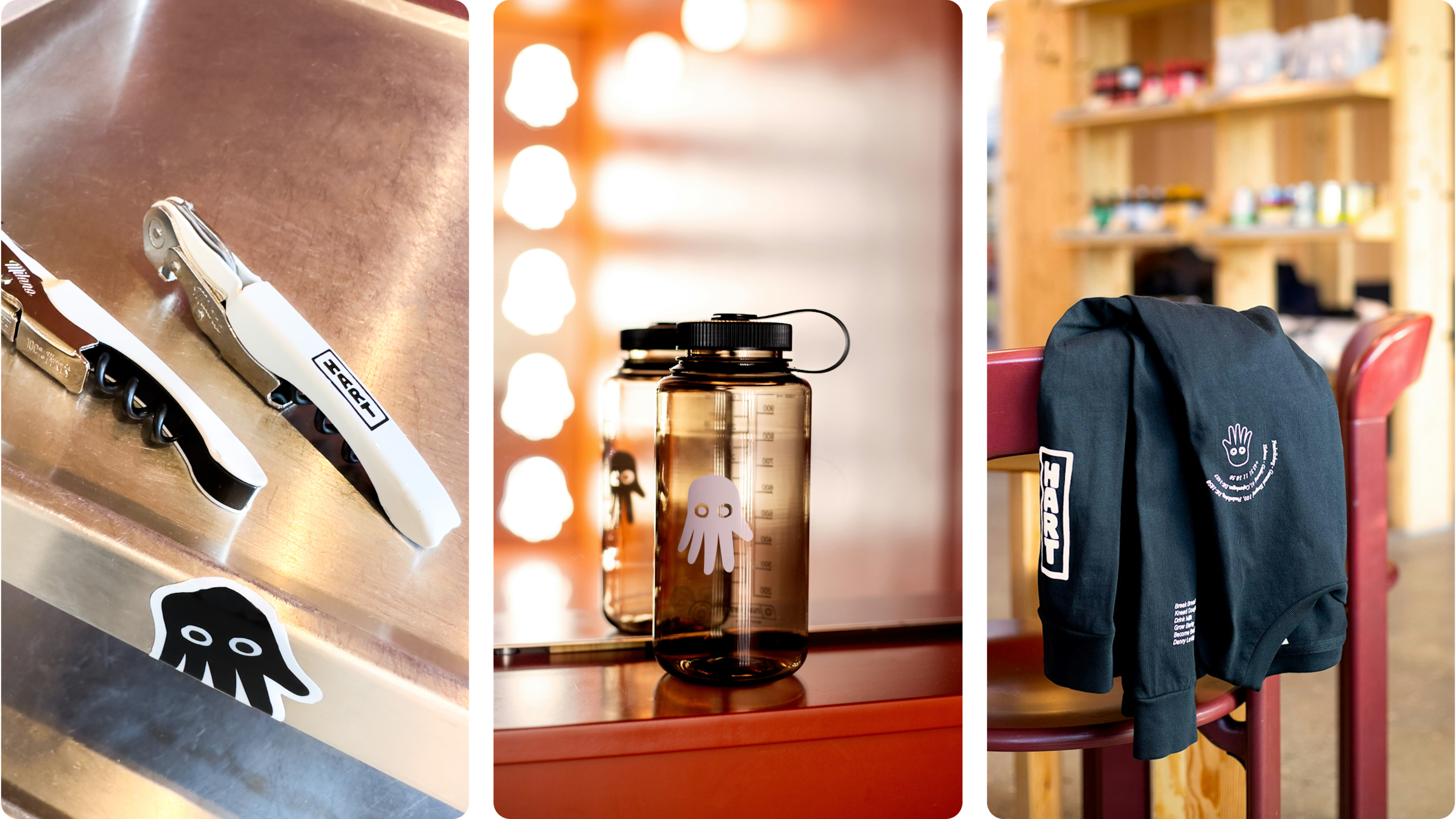 Hart Bageri Merch: Korkenzieher, Trinkflasche und Sweatshirt im Markenlook