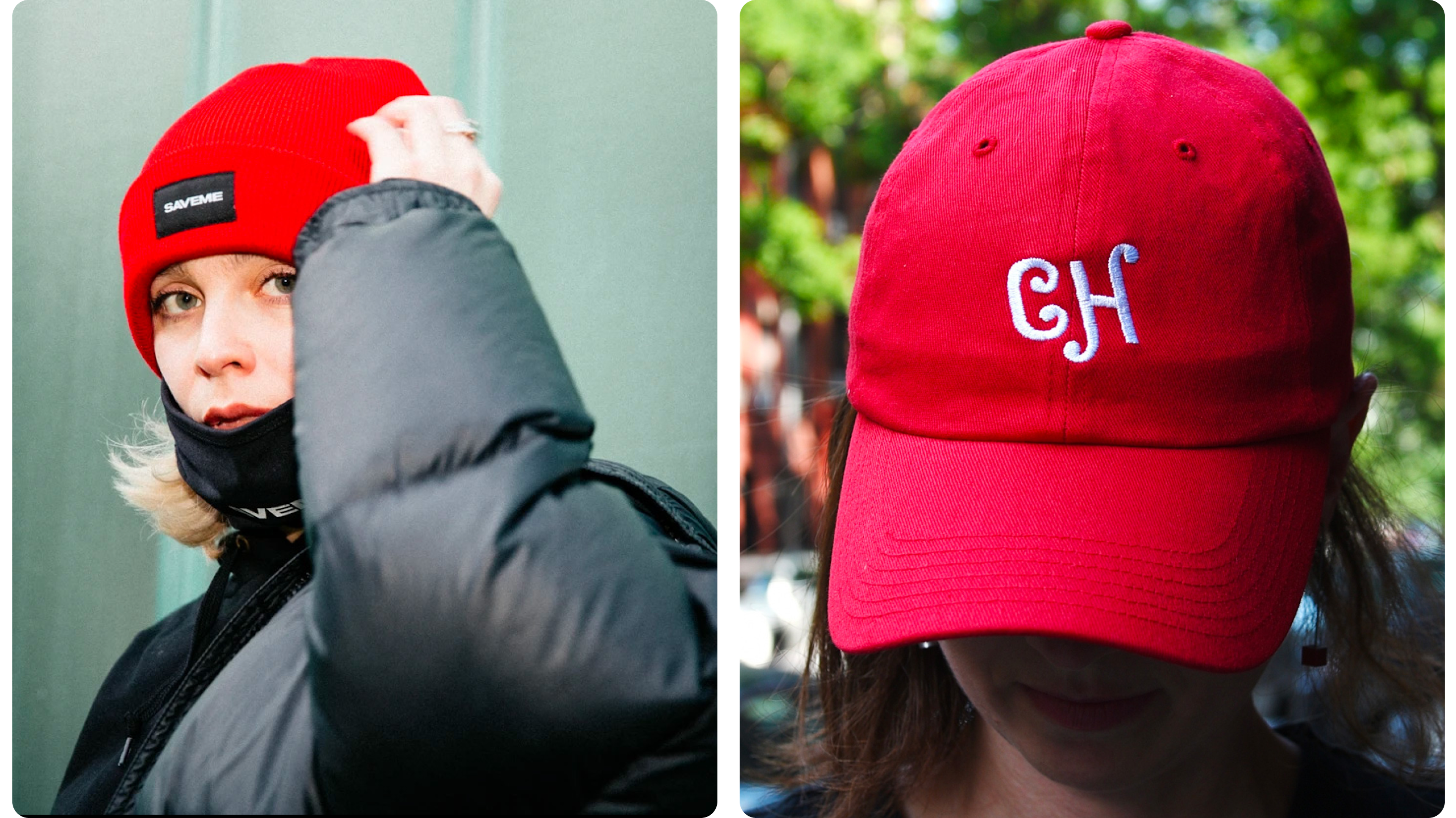 Beanie and cap shown with embroidery, subtle headwear branding examples