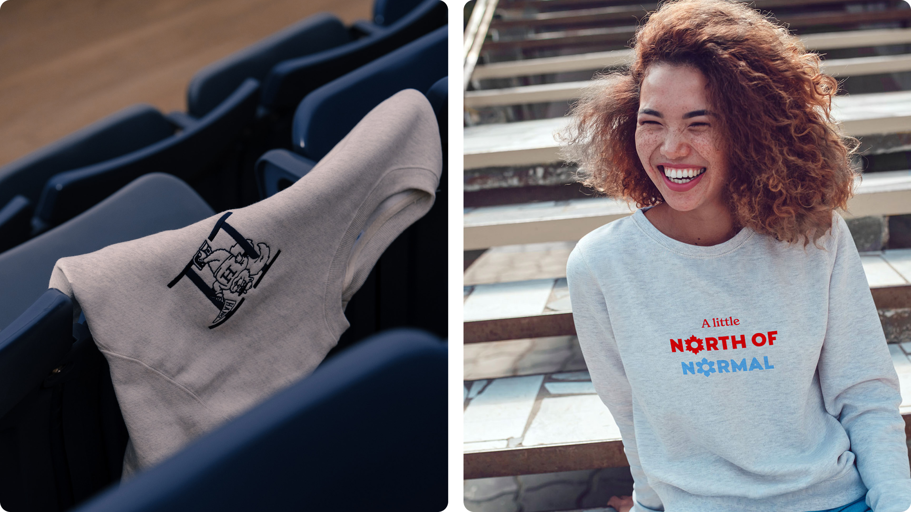 Folded gray crewneck on seats; smiling person wearing printed sweatshirt