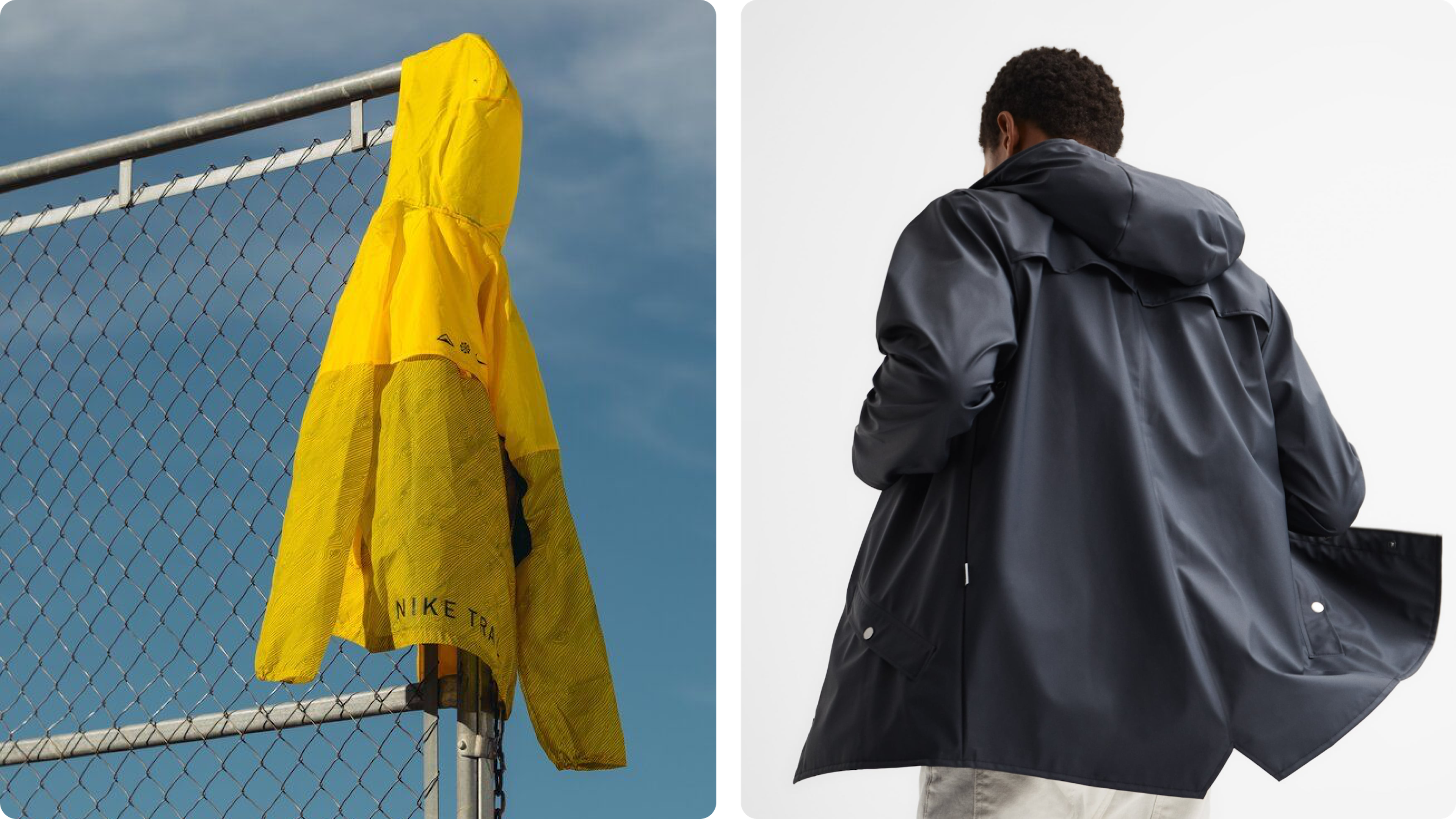 Yellow rain jacket on a fence and black hooded coat blowing in the wind
