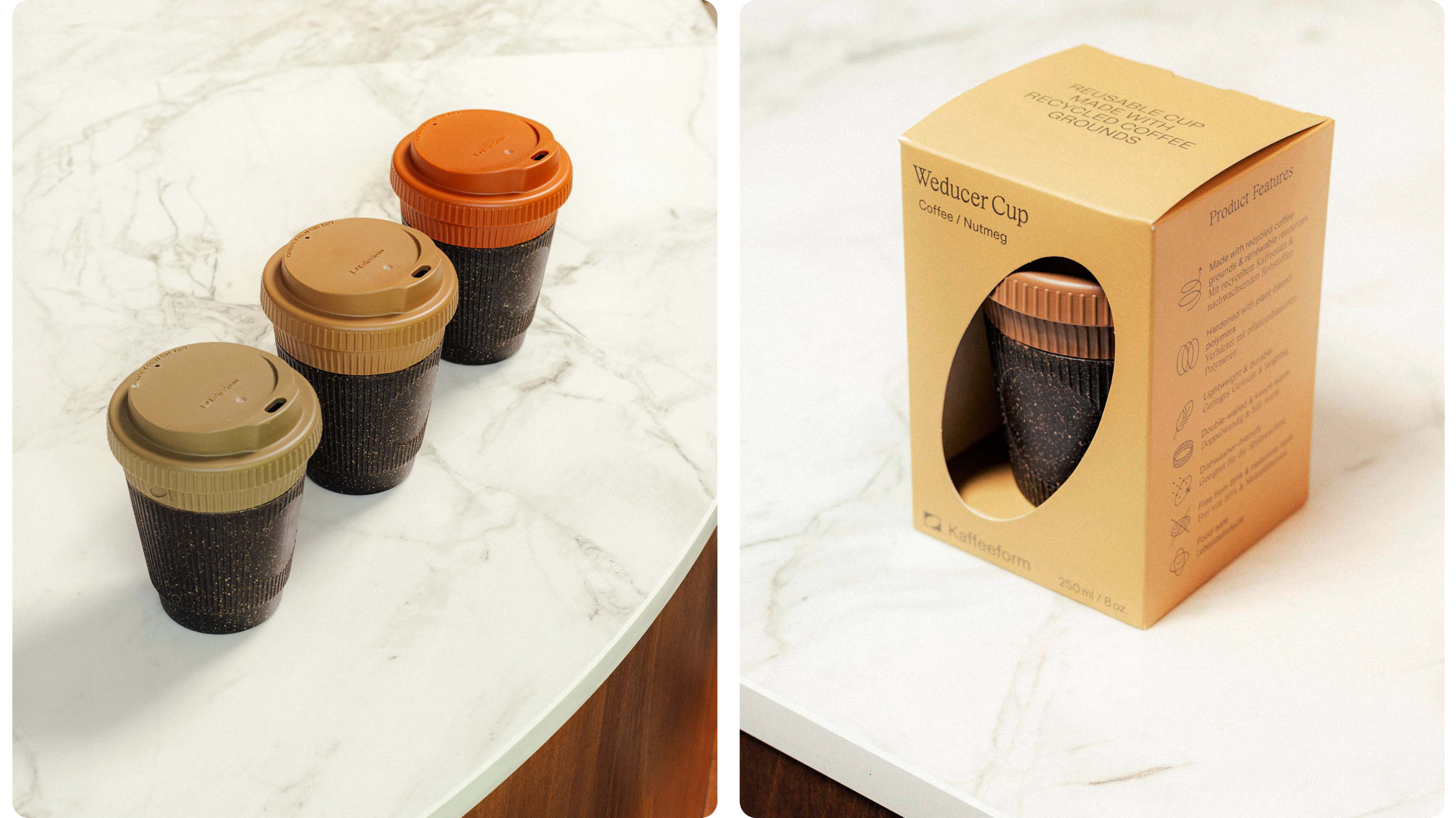 Mehrweg-Kaffeebecher aus Kaffeesatz und Produktverpackung auf Steinplatte