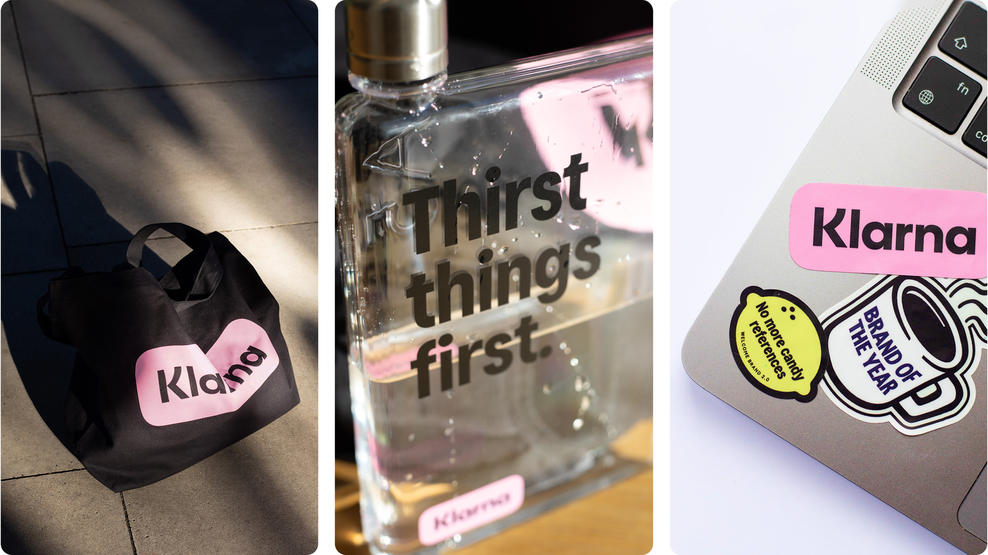 Klarna nutzt Werbeartikel für moderne Work-Essentials: Eine Tote Bag, eine Mehrwegflasche und ein Laptop-Sticker – alles mit demselben pinken Logo-Label für ein stimmiges, unaufgeregtes Set.