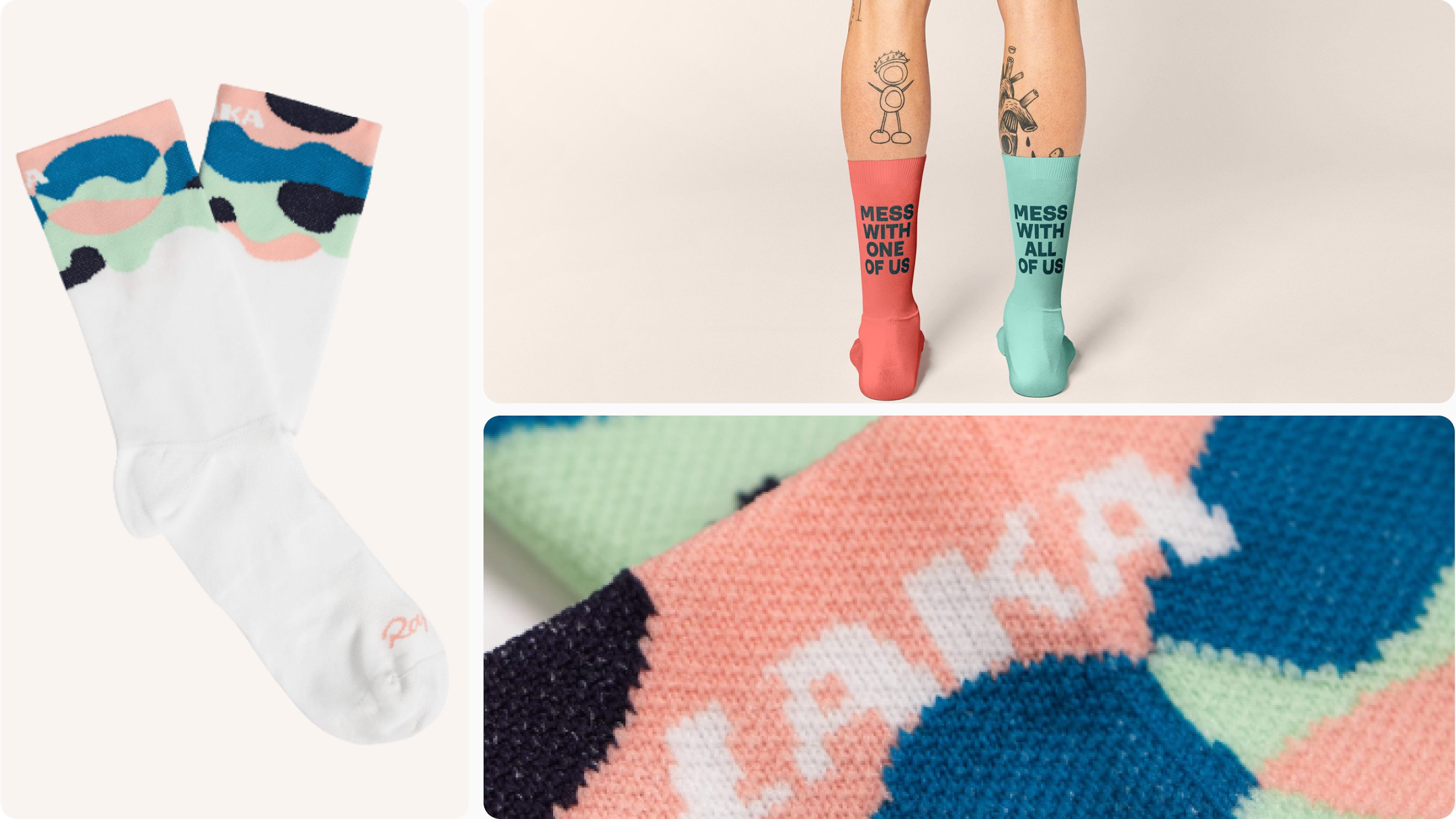 Pastel-pattern socks and mismatched slogan pair, shown in product and lifestyle shots.