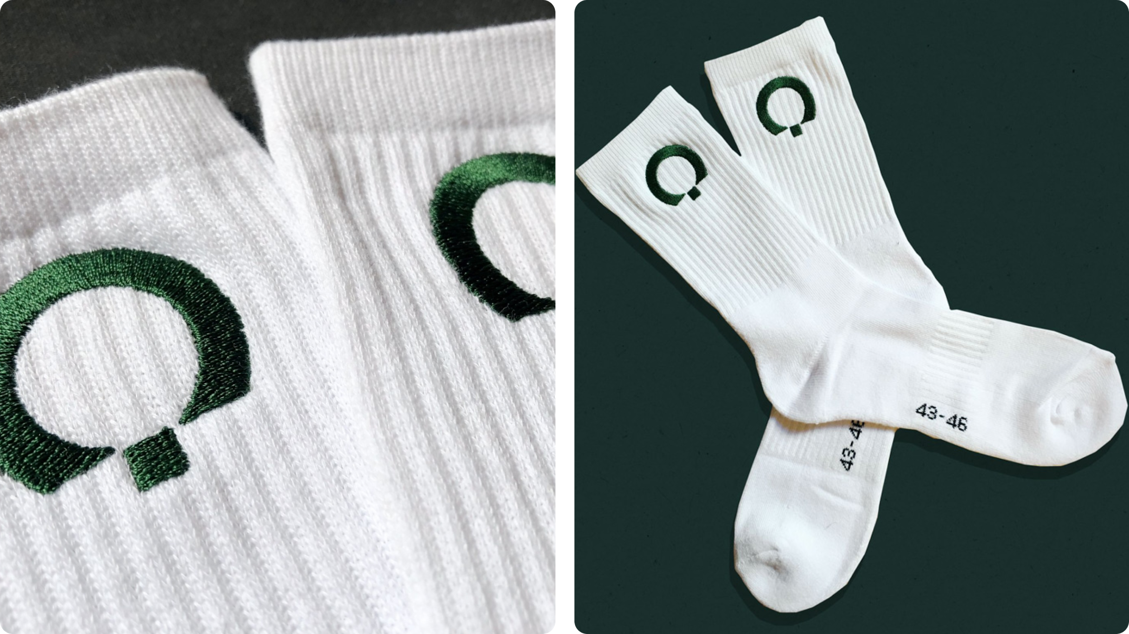 Close-up of green embroidered logo on white socks, plus pair laid on dark surface.