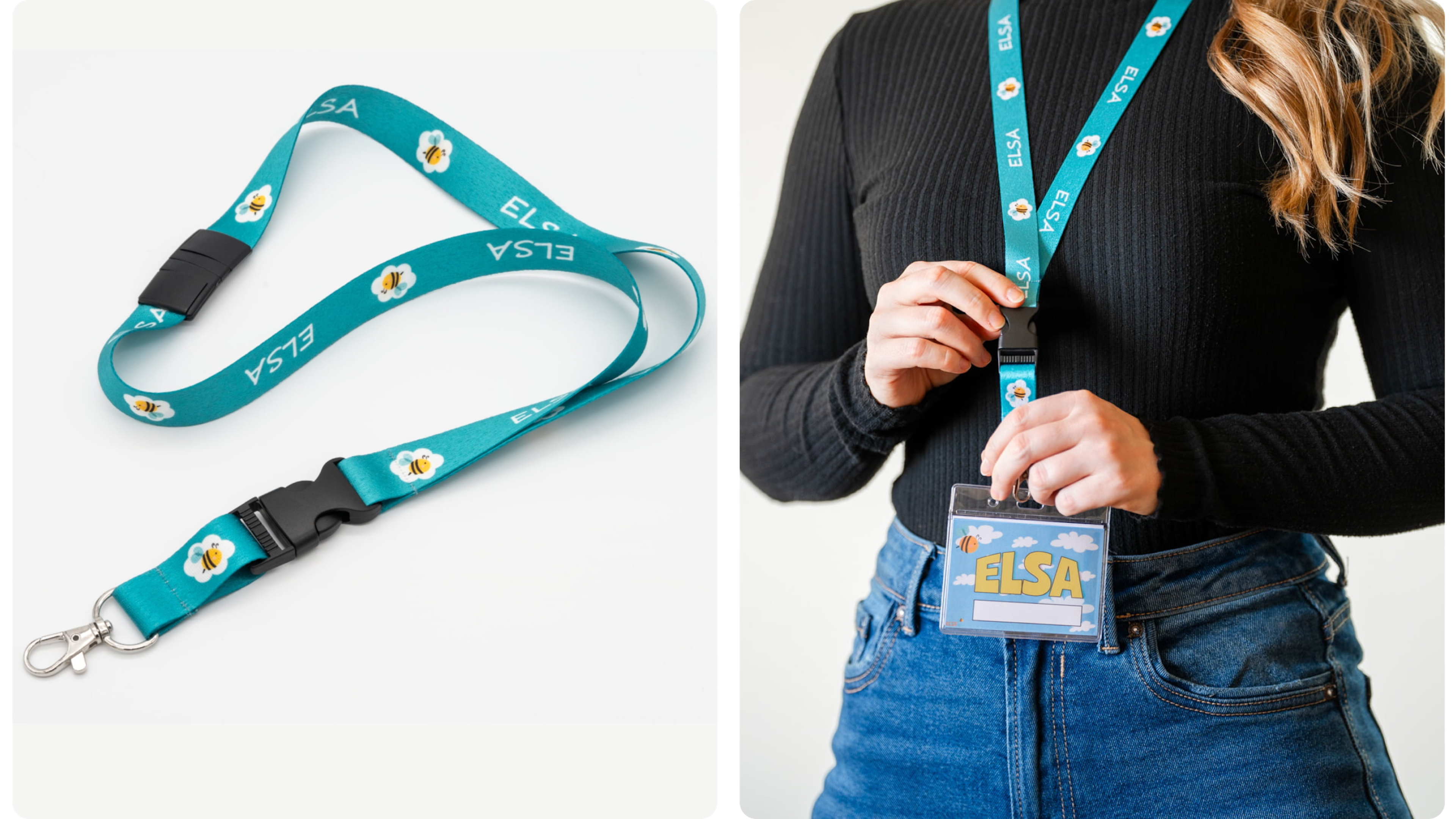 Recycled Lanyard mit Blumenmuster, einmal liegend und einmal getragen