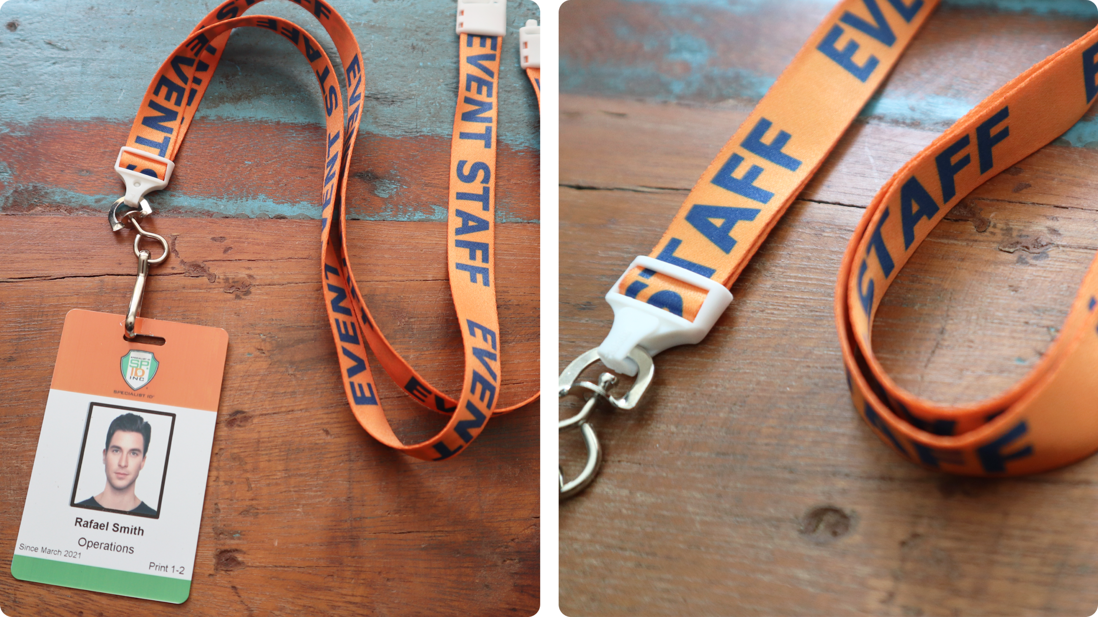 Orange Lanyard mit Badge und Event-Schriftzug, Detailansicht auf Holztisch.