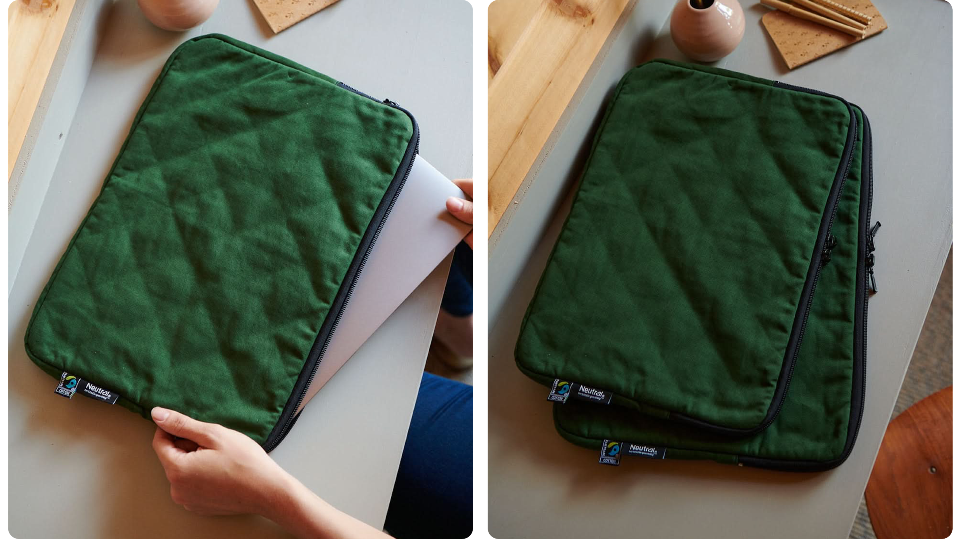 Grünes Laptop-Sleeve mit Reißverschluss, Laptop wird eingeschoben auf Schreibtisch