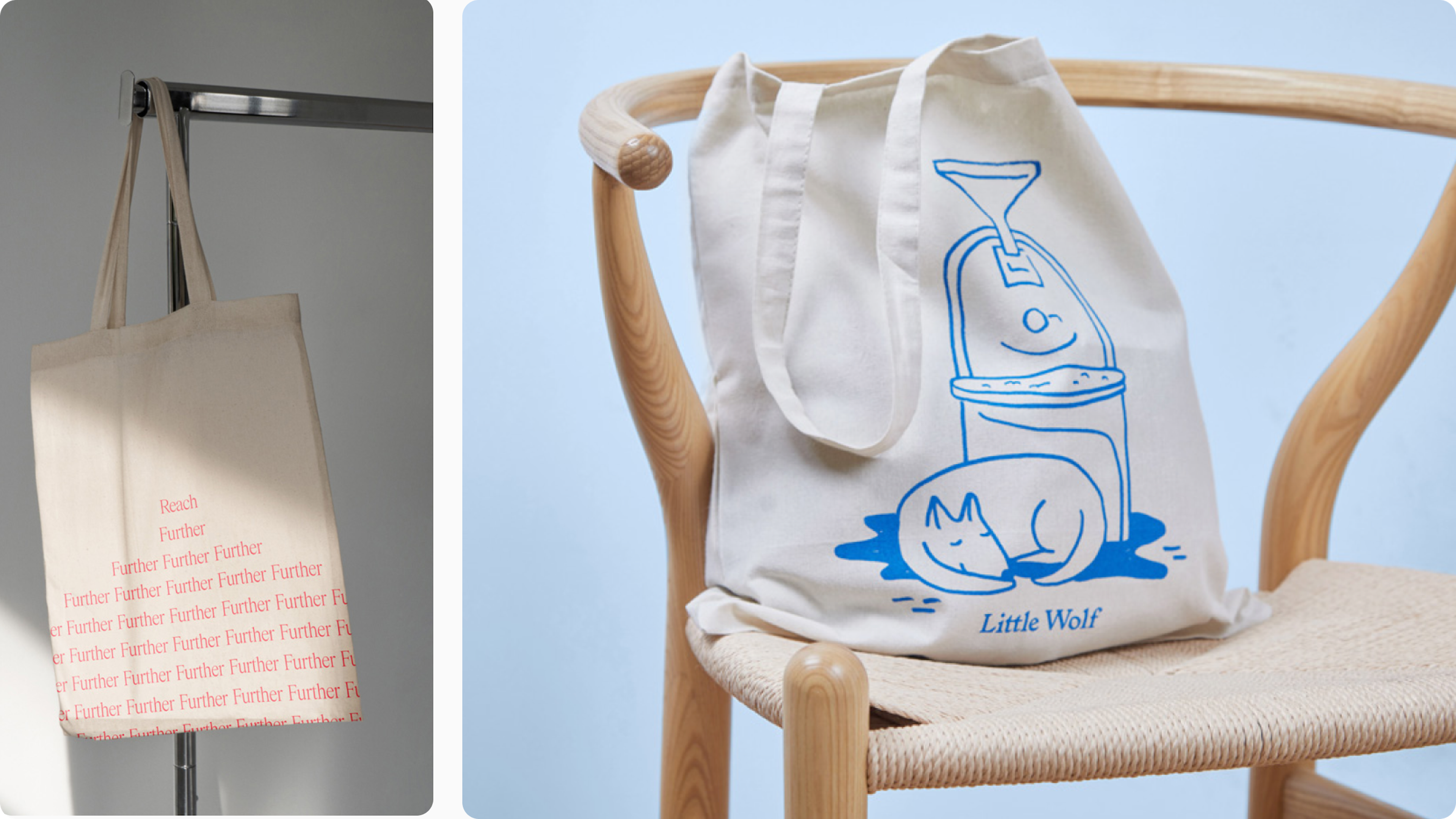 Two cotton totes: one with red text print, one with blue illustration on chair