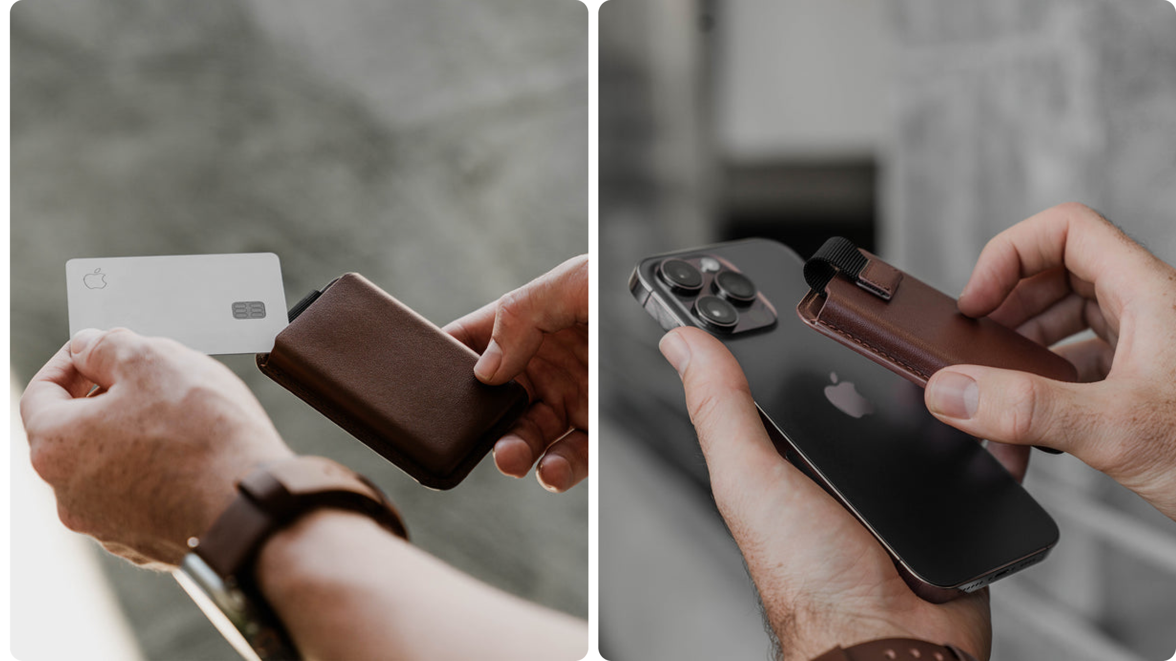 Braunes MagSafe Wallet: Karte einstecken und Wallet am iPhone befestigen, Close-up in Händen.