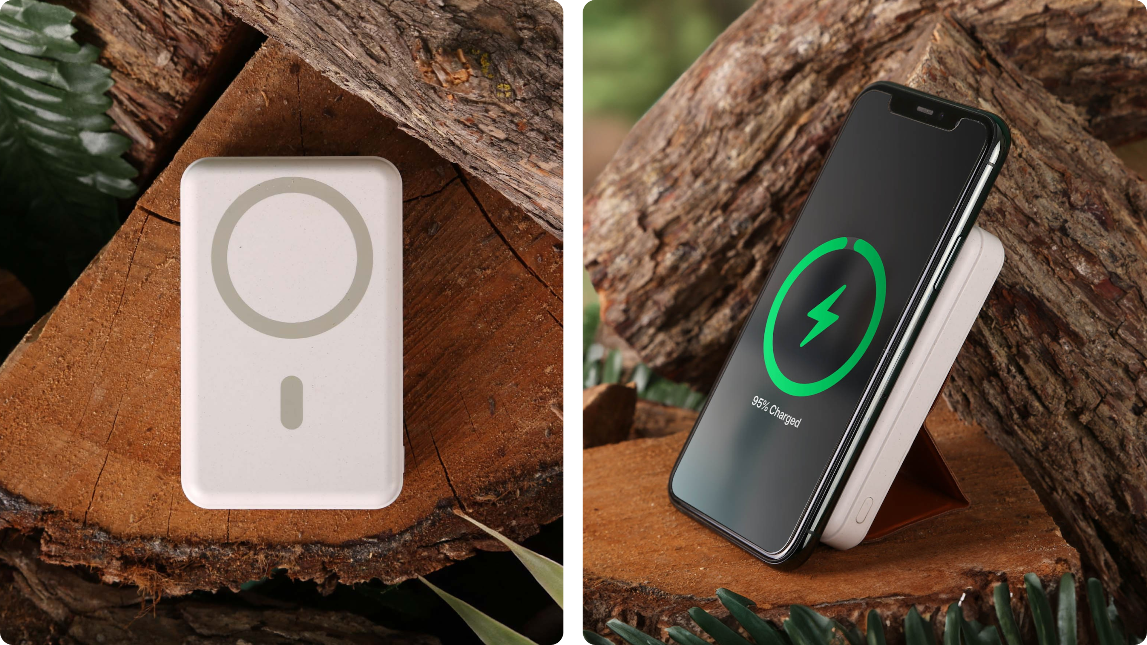 Magnetische Powerbank auf Holzstück und iPhone beim kabellosen Laden, Outdoor-Setting.