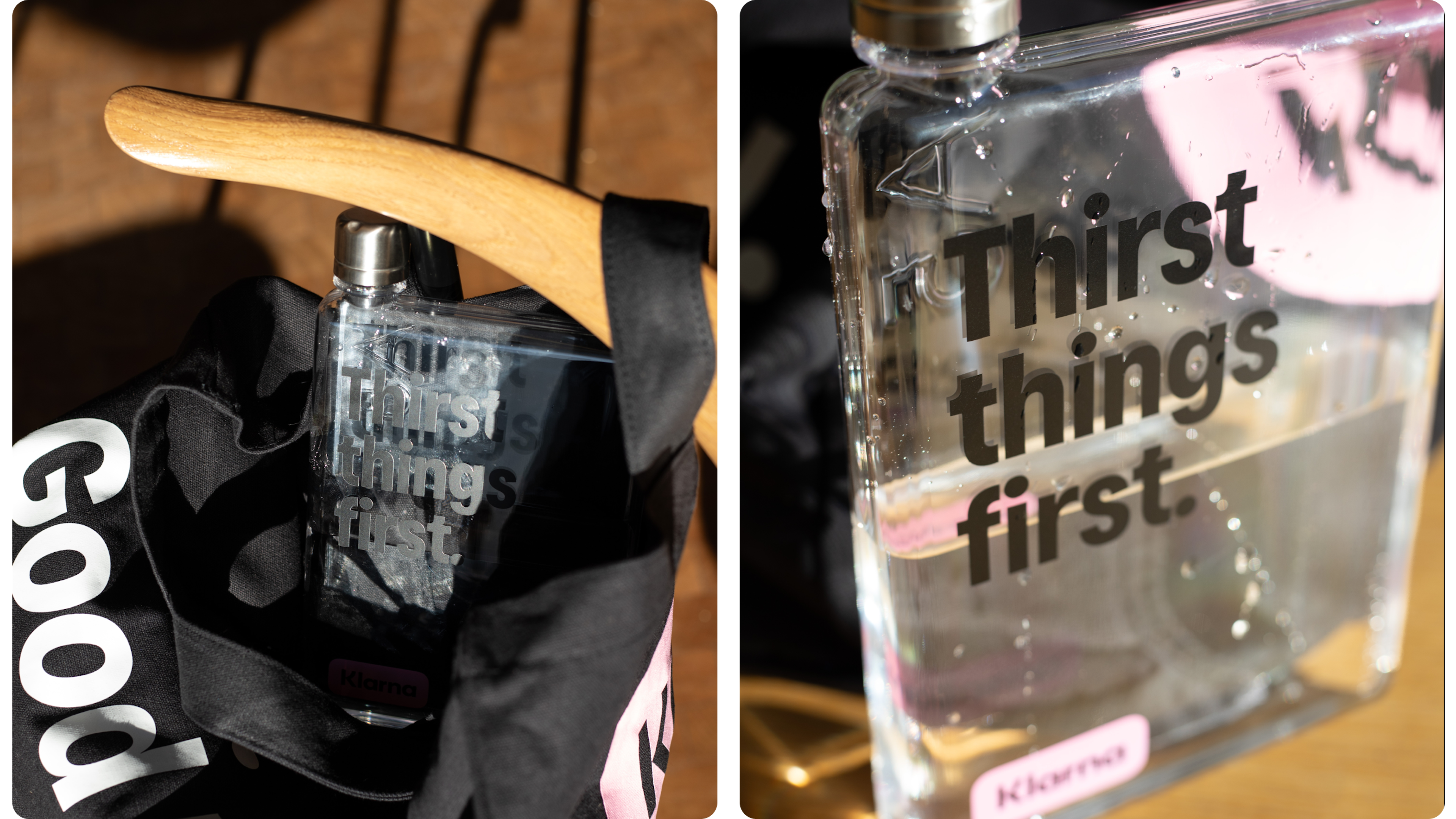 Transparente memobottle mit „Thirst things first“ Schriftzug, Detailaufnahme