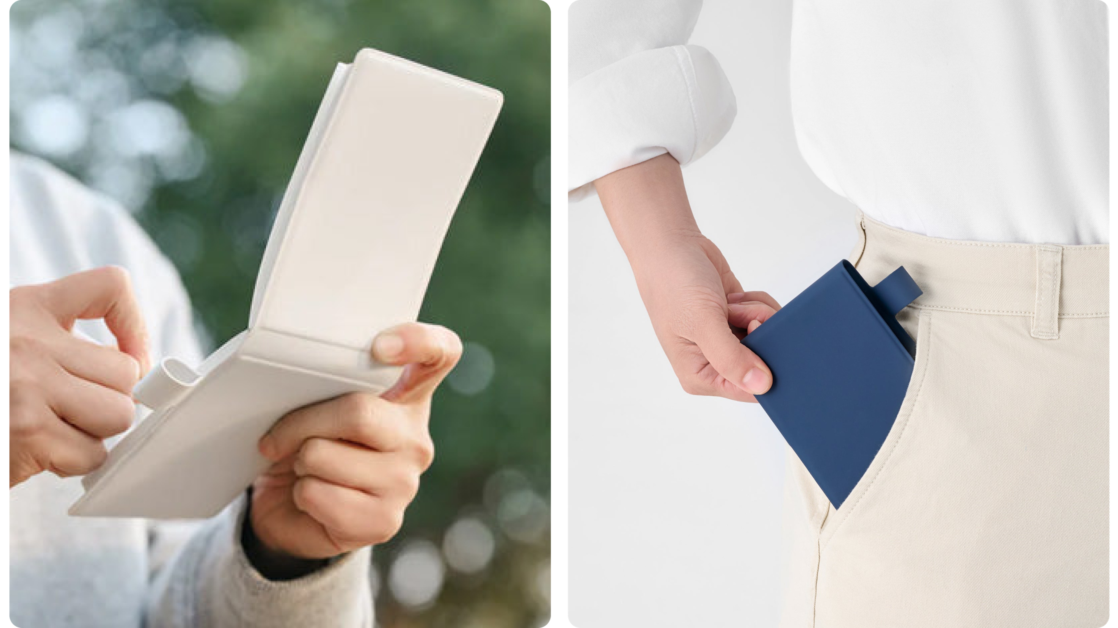 Kleines Notizbuch in der Hand und in der Hosentasche getragen