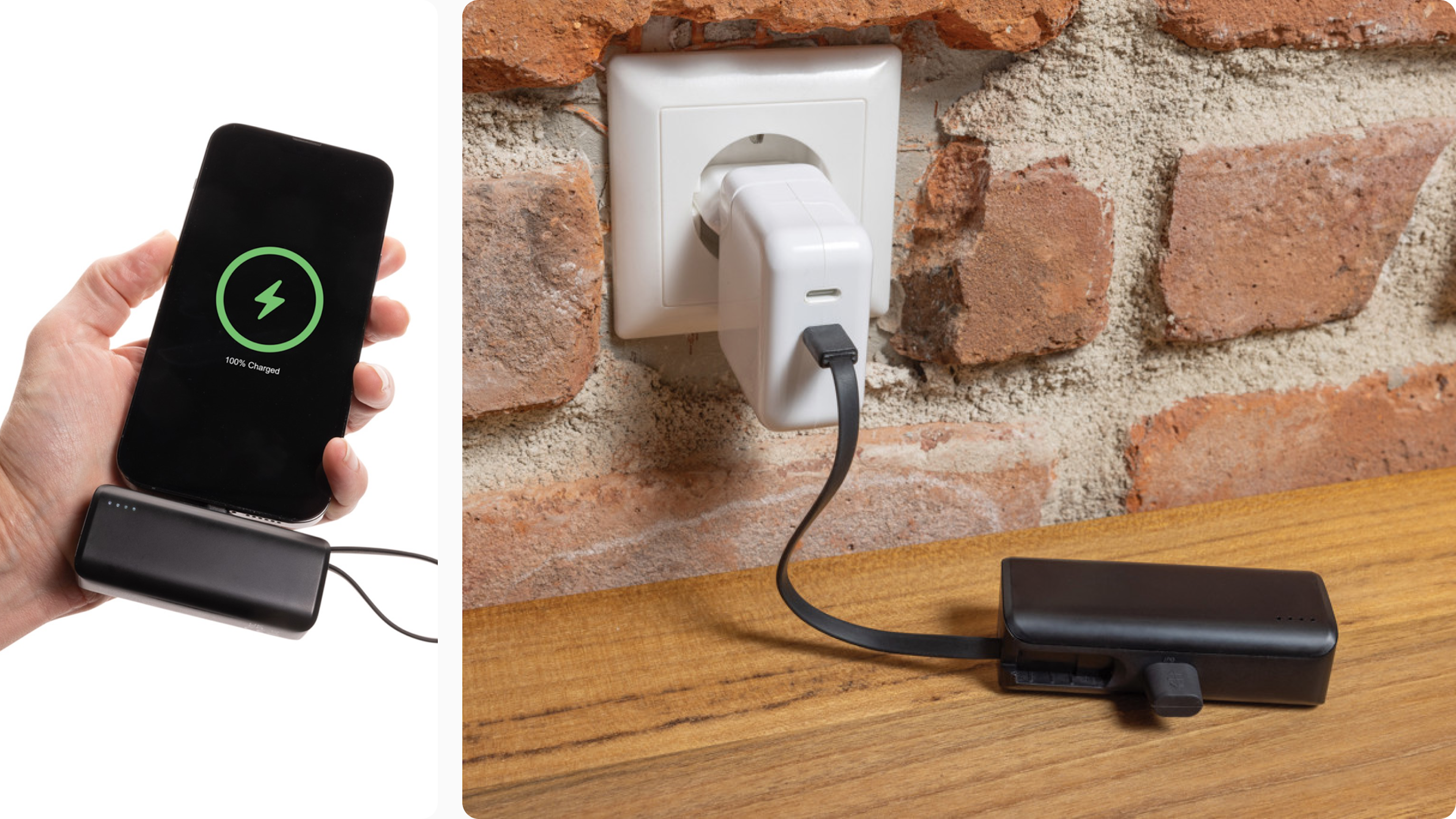 Kleine Powerbank in der Hand und an Steckdose ladend, kompakt für Reisen und Außenteams.