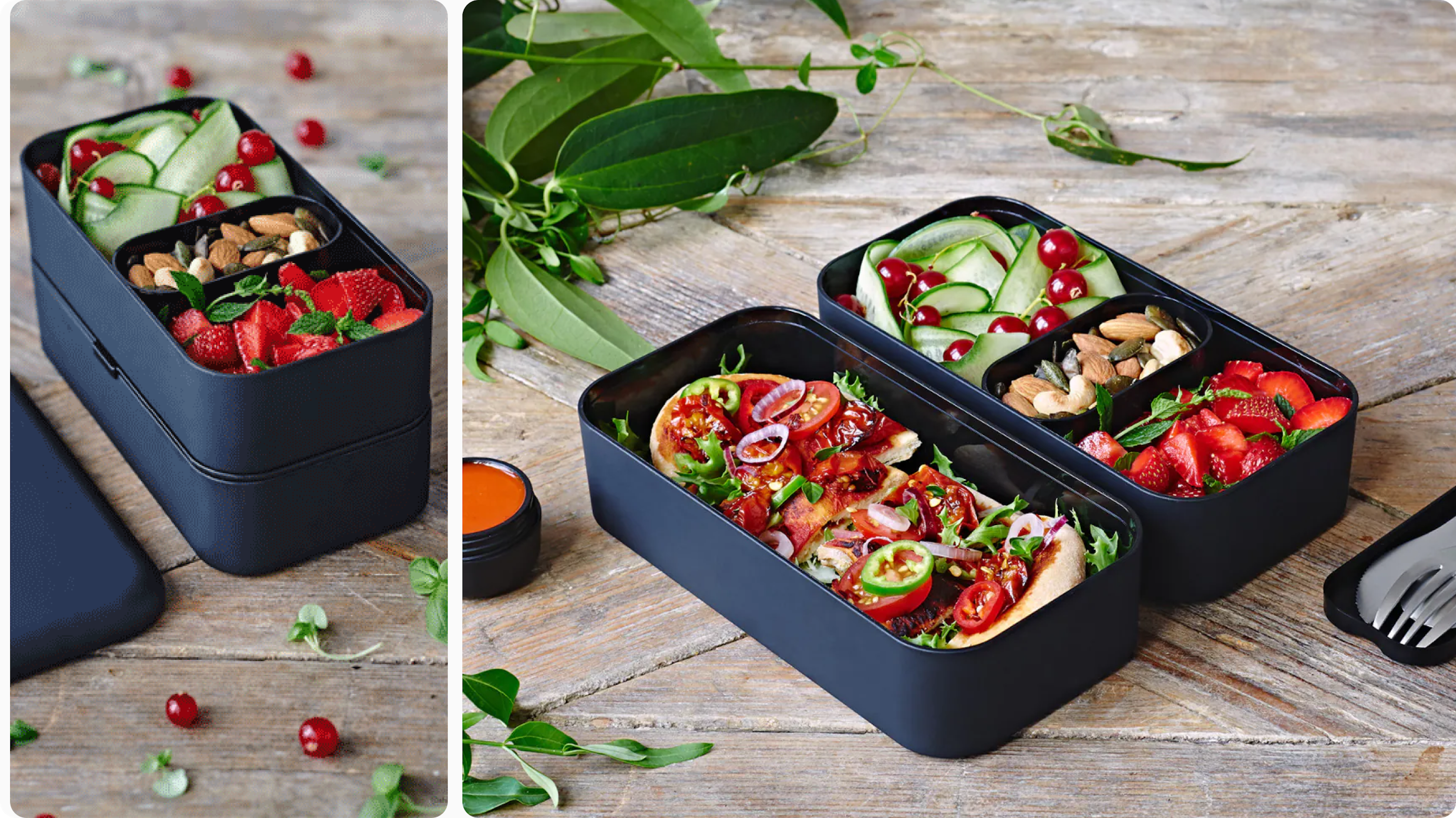 Befüllte Bento-Lunchboxen mit Salat, Obst und Snacks auf rustikalem Holztisch