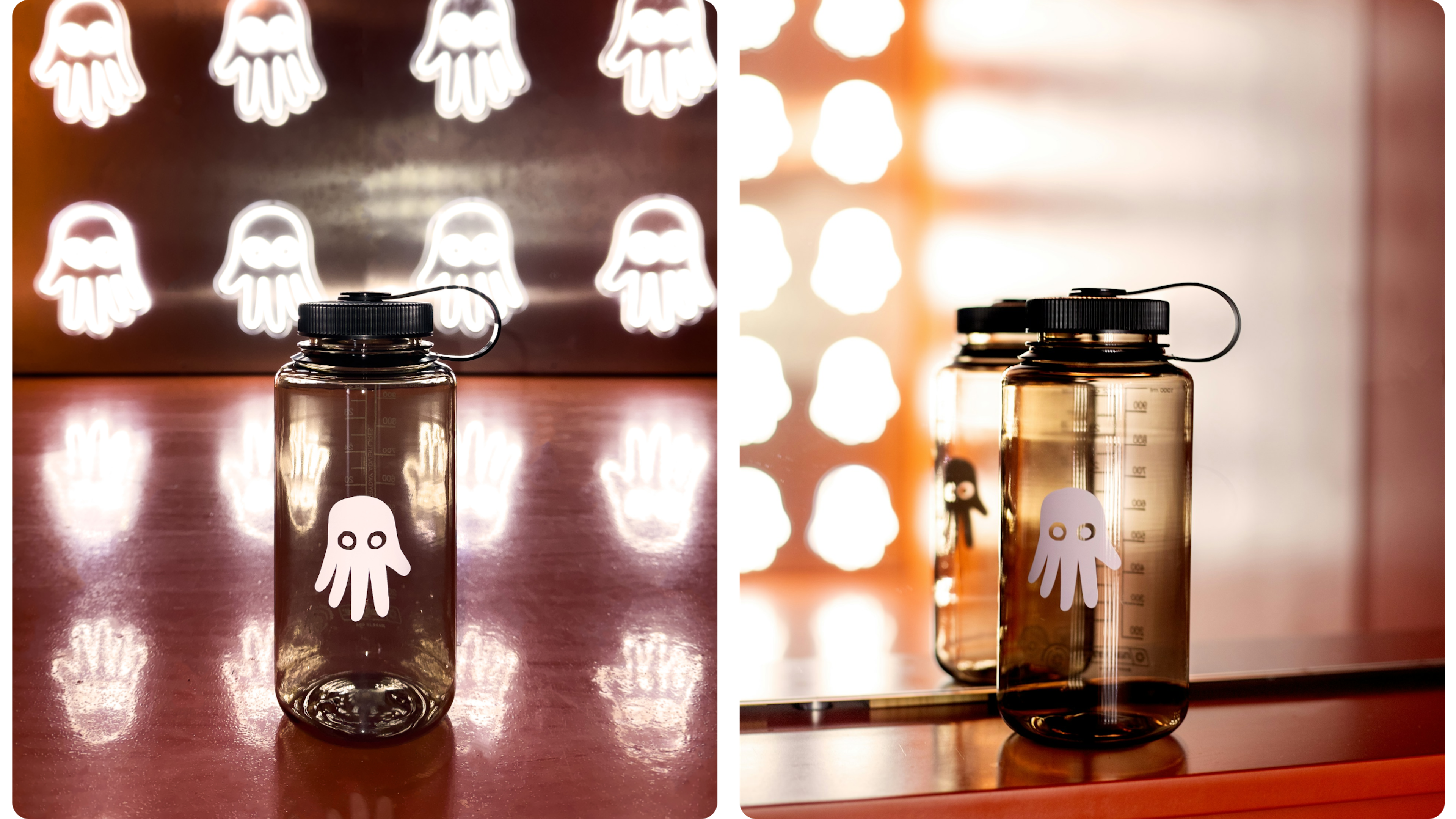 Nalgene Flasche mit Logo vor Leuchtsymbolen, zwei Perspektiven im Warmlicht