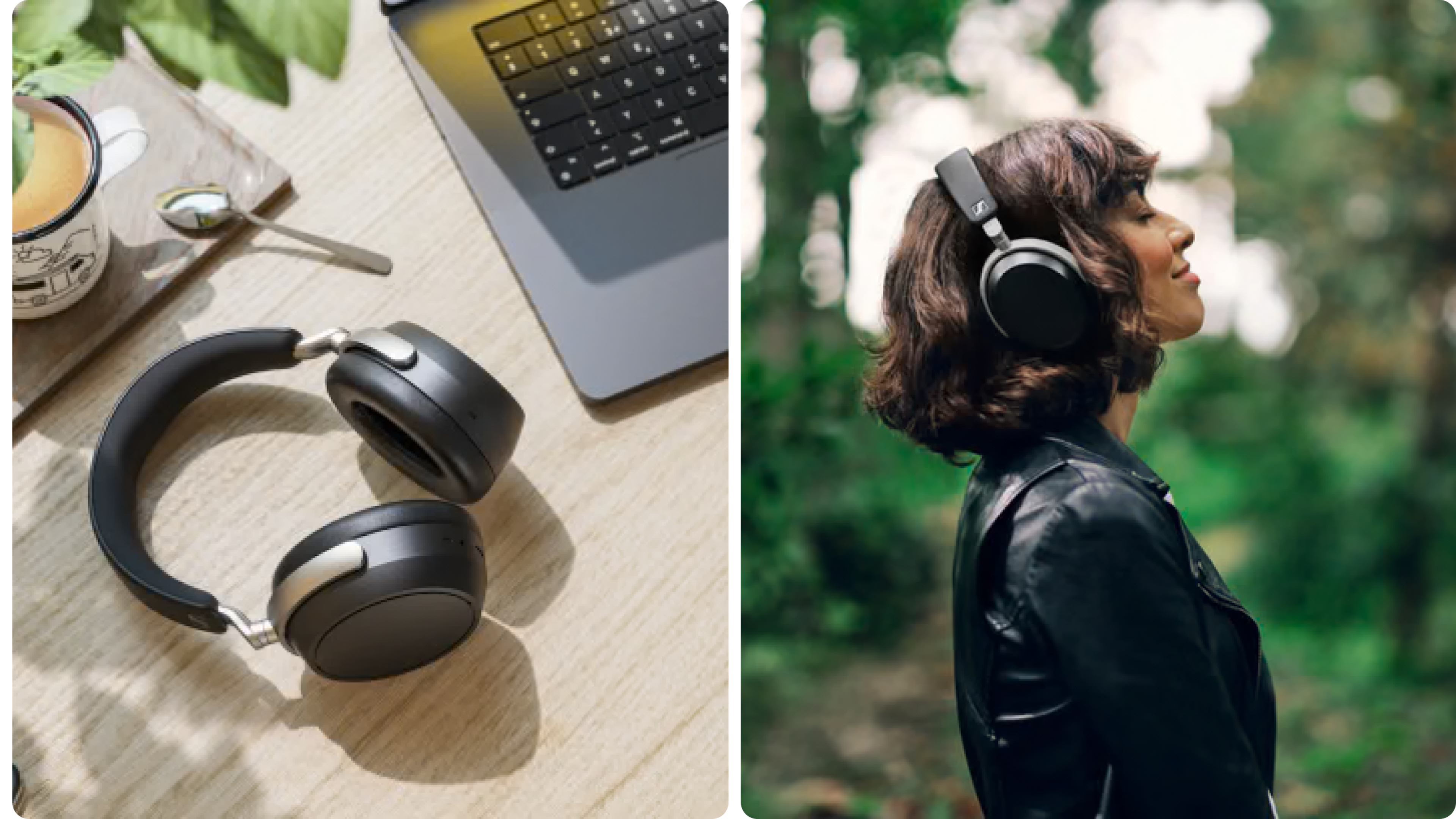 Noise-Cancelling-Kopfhörer am Laptop und Person mit Kopfhörern im Grünen, Fokus auf Nutzung.